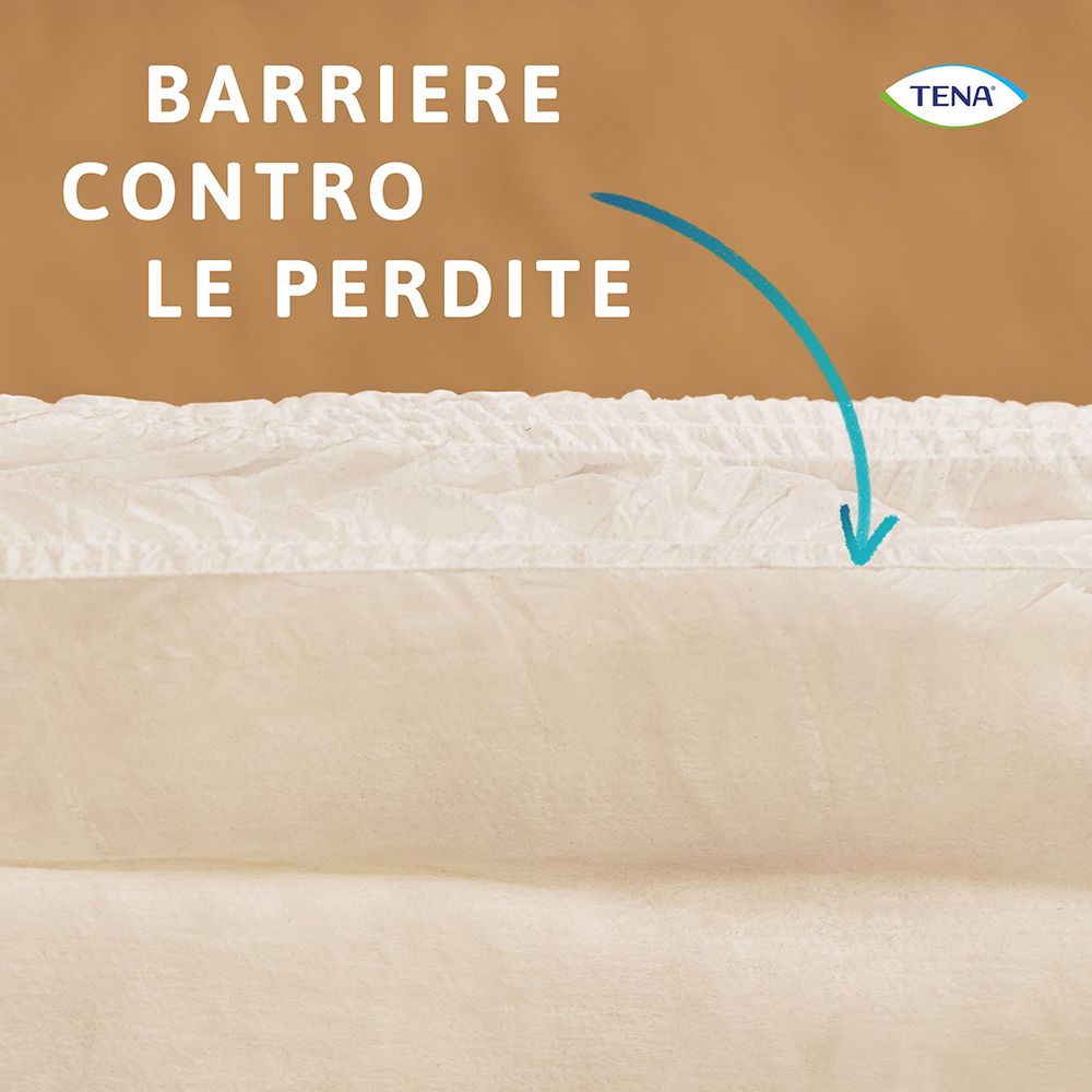 Détail du TENA ProSkin Pants. Texte: BARRIERE CONTRO LE PERDITE. Montre les bords.