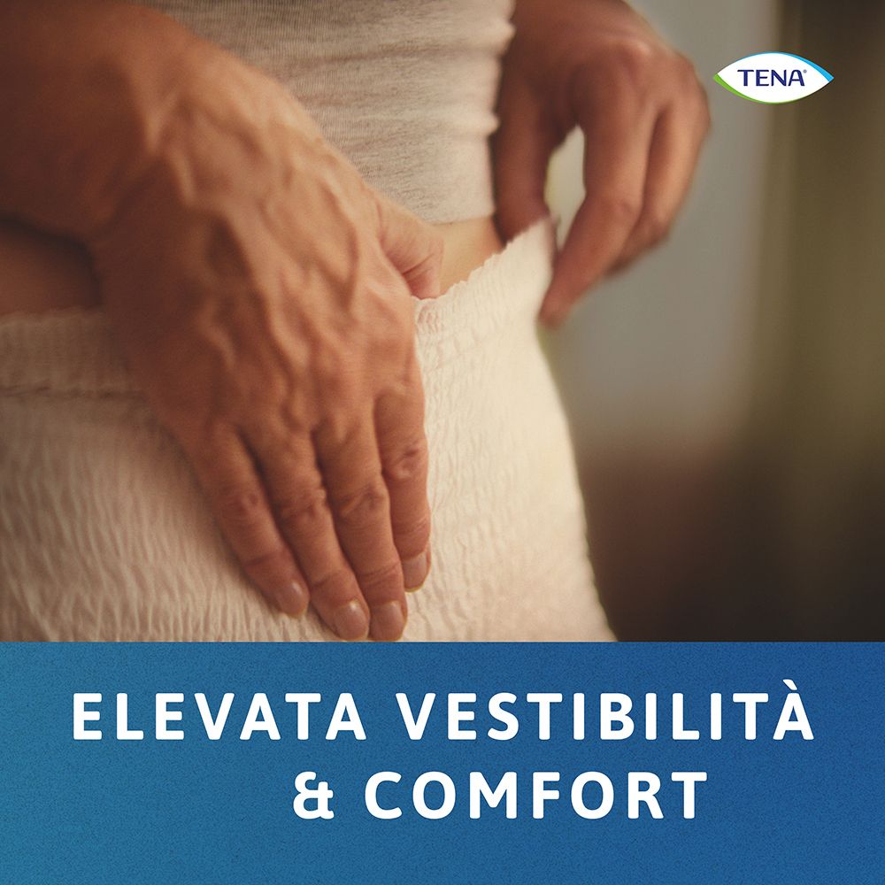 Personne portant TENA ProSkin Pants. Texte: ELEVATA VESTIBILITÀ & COMFORT. Montre l'ajustement.