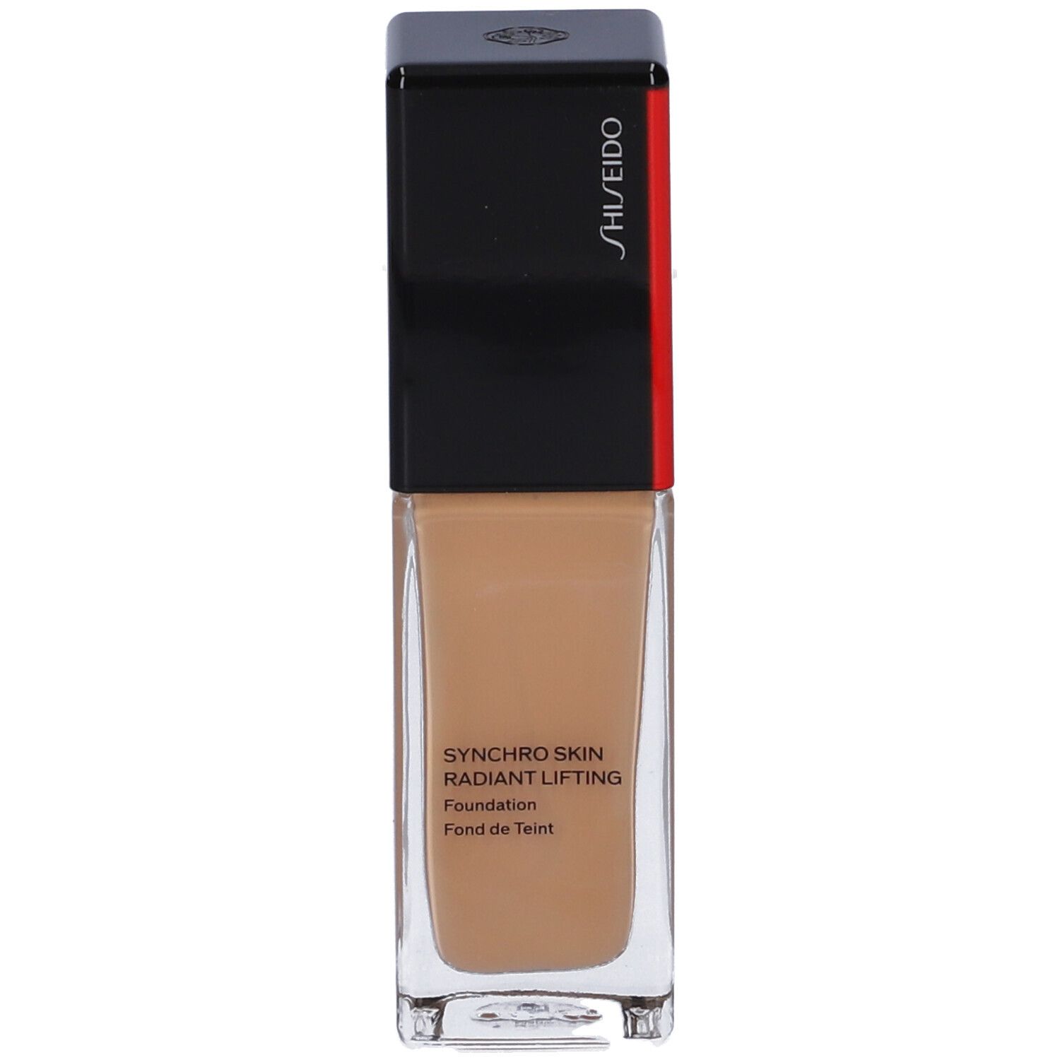 Fond de teint liquide Shiseido Synchro Skin Radiant Lifting, flacon en verre rectangulaire, bouchon noir. Inscription visible.