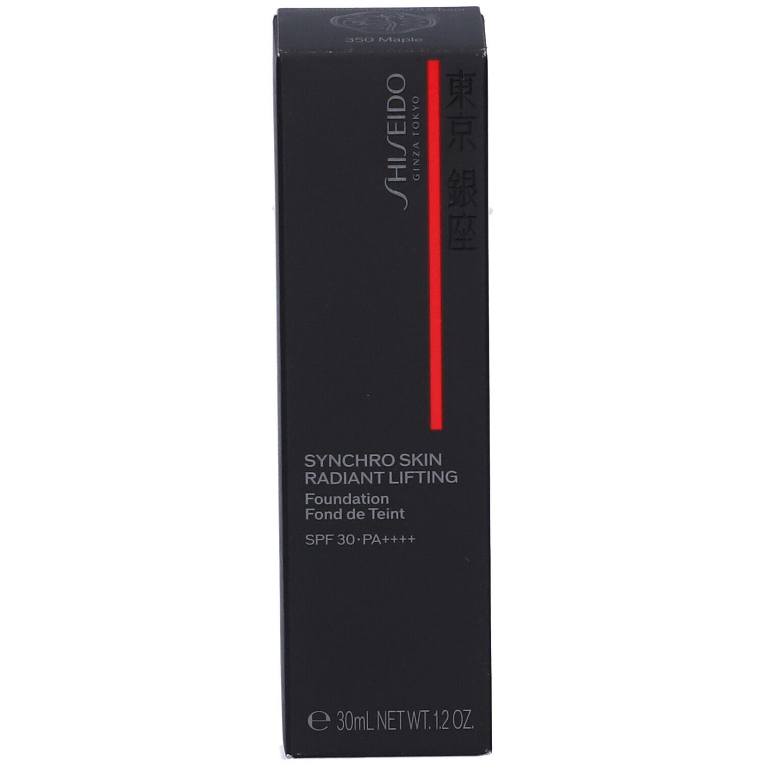 Emballage noir avec nom du produit et logo. Inscription: Shiseido, Synchro Skin Radiant Lifting, SPF 30. Bande rouge.