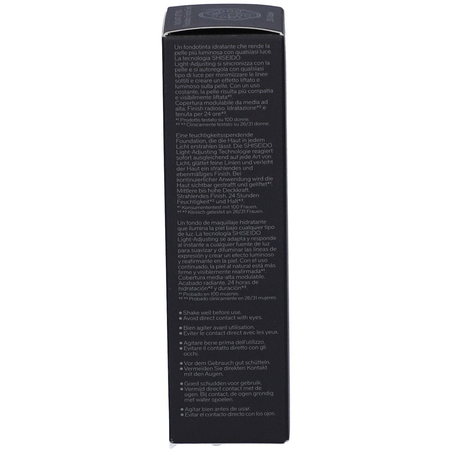 Emballage noir avec texte en plusieurs langues. Informations et instructions sur le produit imprimées.