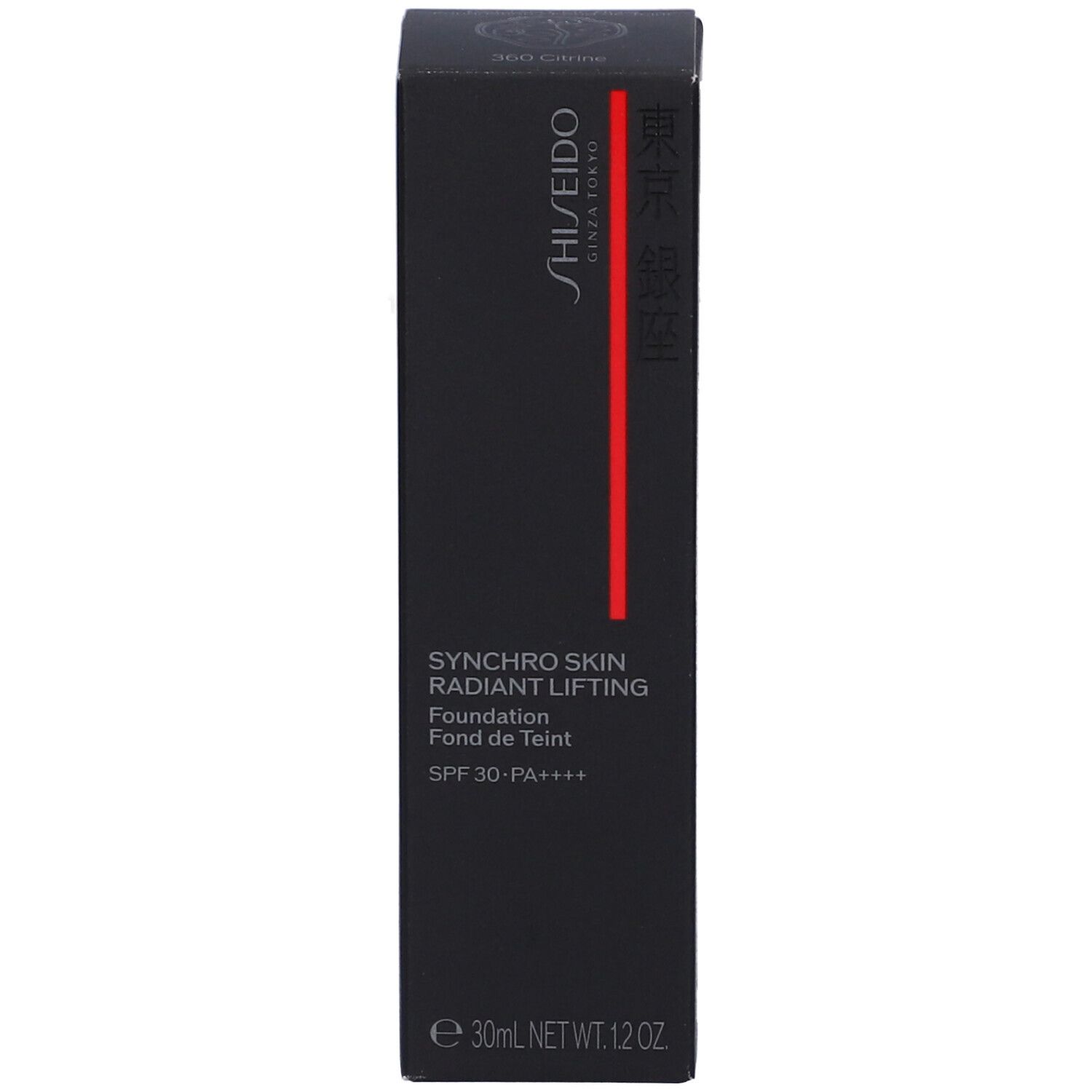 Boîte noire avec nom du produit et SPF 30-PA++++. Inscription : SHISEIDO, Synchro Skin Radiant Lifting.