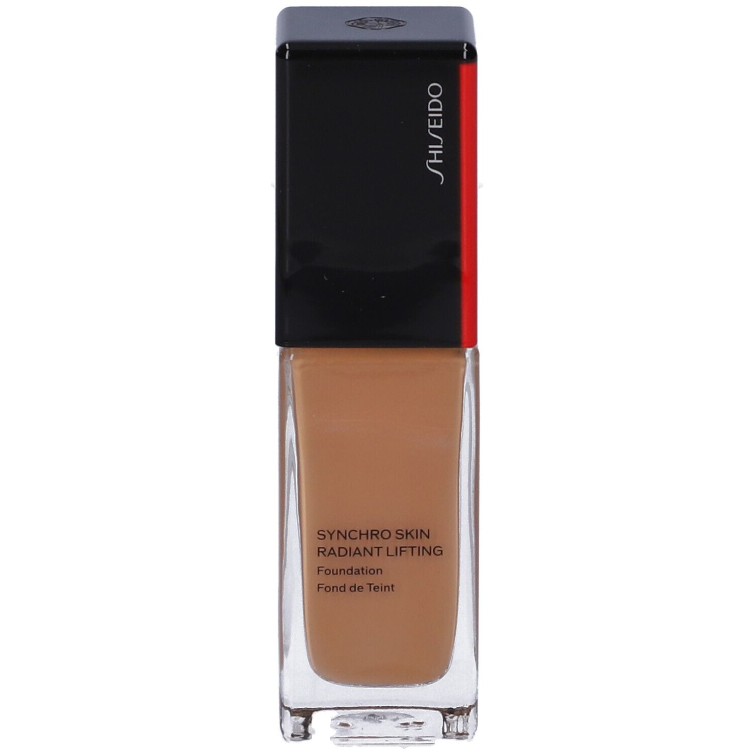 SHISEIDO Synchro Skin Radiant Lifting Fond de Teint Liquide. Fond de teint liquide brun dans flacon en verre avec bouchon noir. Bande rouge avec logo.