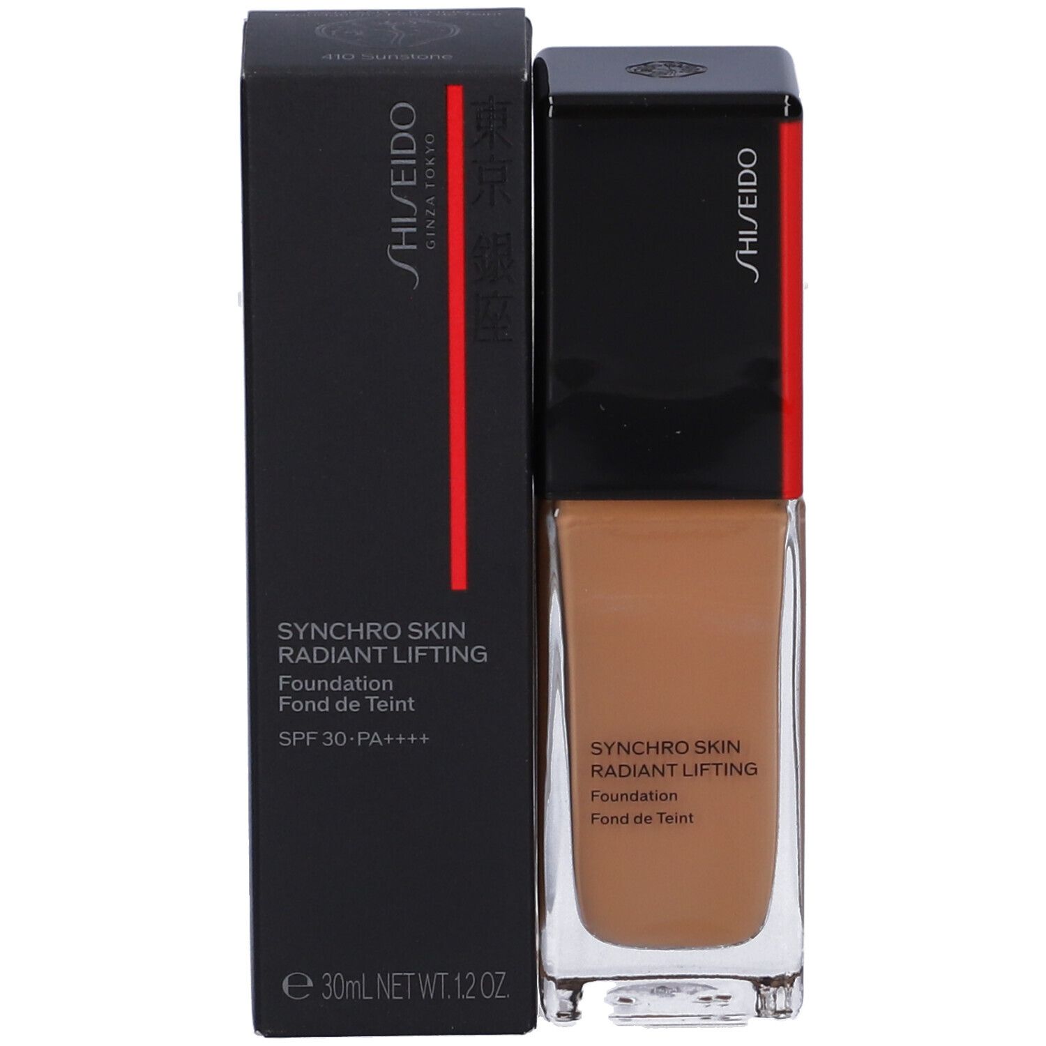 SHISEIDO Synchro Skin Radiant Lifting Fond de Teint Liquide et son emballage. Boîte noire avec bande rouge et nom du produit.