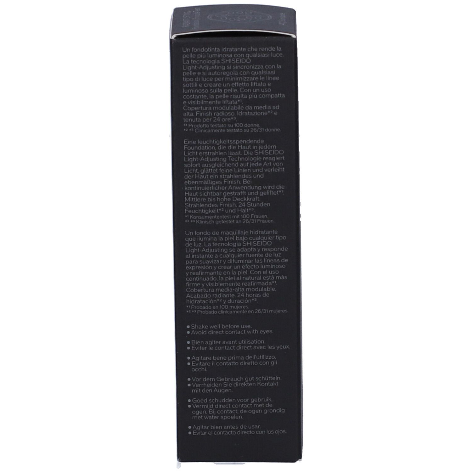 Dos de l'emballage de SHISEIDO Synchro Skin Radiant Lifting Fond de Teint Liquide. Texte multilingue.