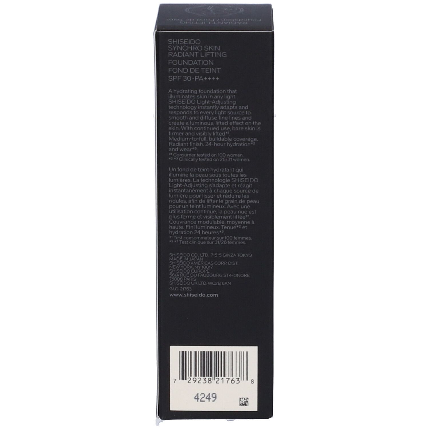 Dos de l'emballage de SHISEIDO Synchro Skin Radiant Lifting Fond de Teint Liquide. Texte, code-barres et logo.
