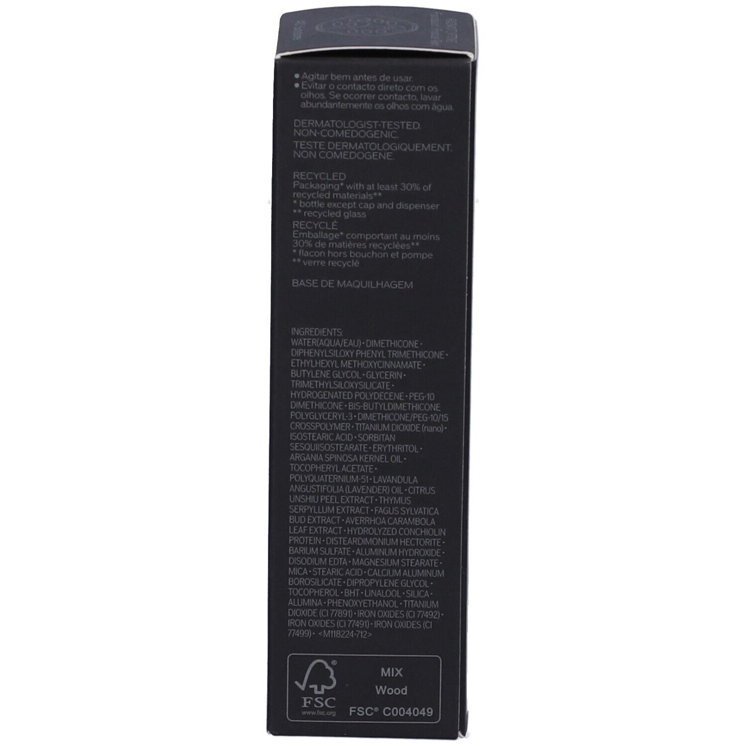 Dos de l'emballage de SHISEIDO Synchro Skin Radiant Lifting Fond de Teint Liquide. Ingrédients, logo FSC.