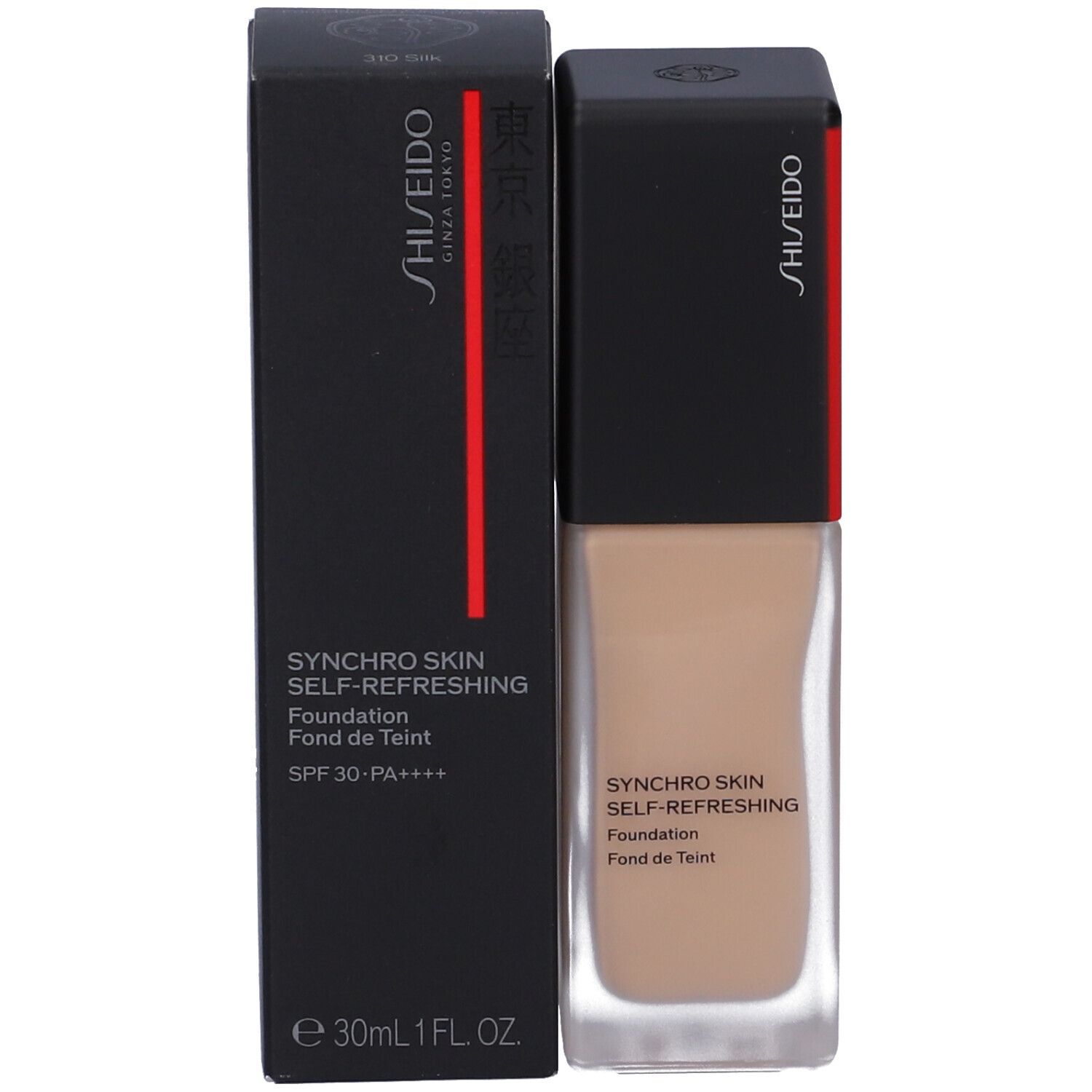 Fond de teint Shiseido Synchro Skin et emballage. Boîte noire avec nom du produit et SPF. Flacon à côté.
