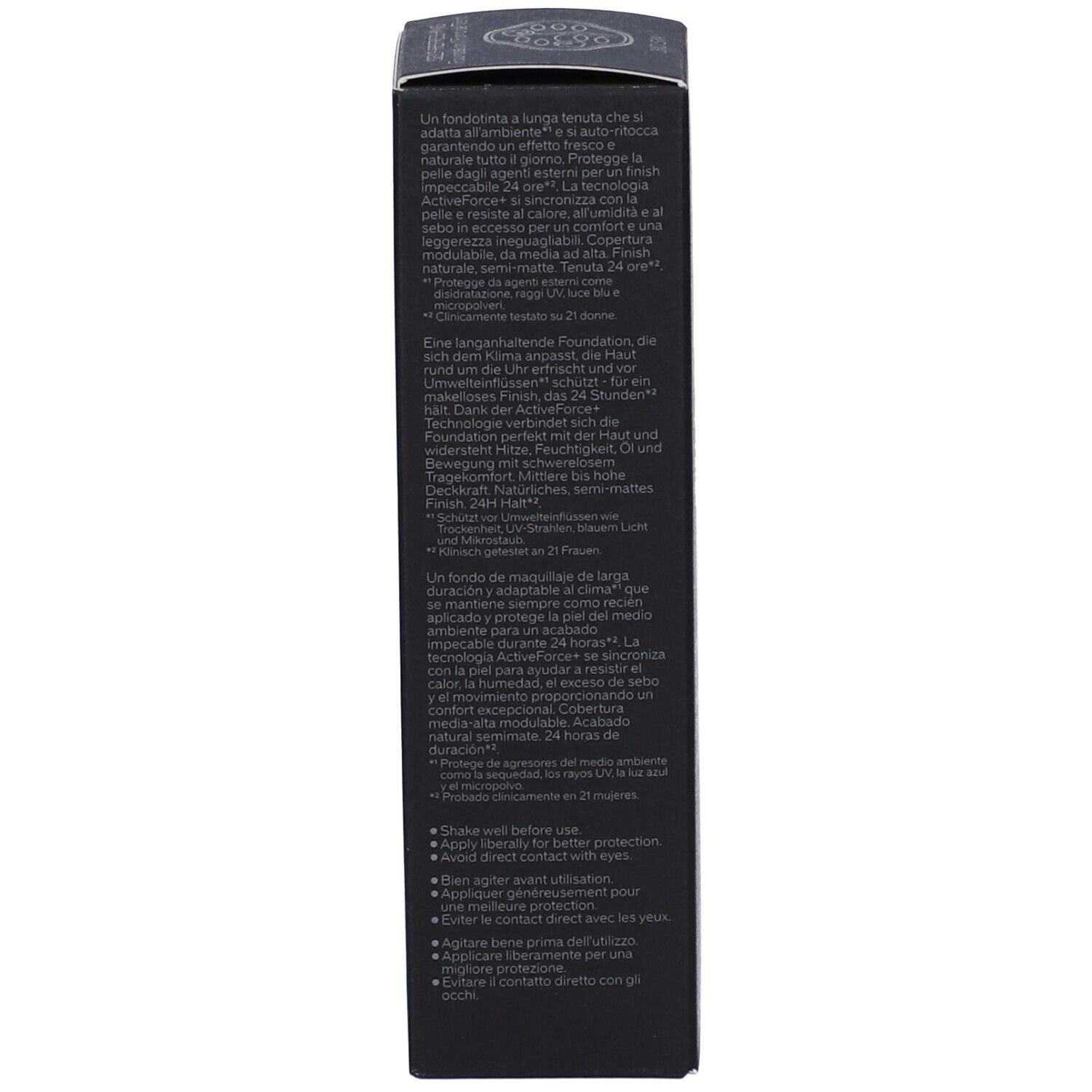 Dos de la boîte noire. Texte multilingue. Description du produit et instructions. Fond noir.