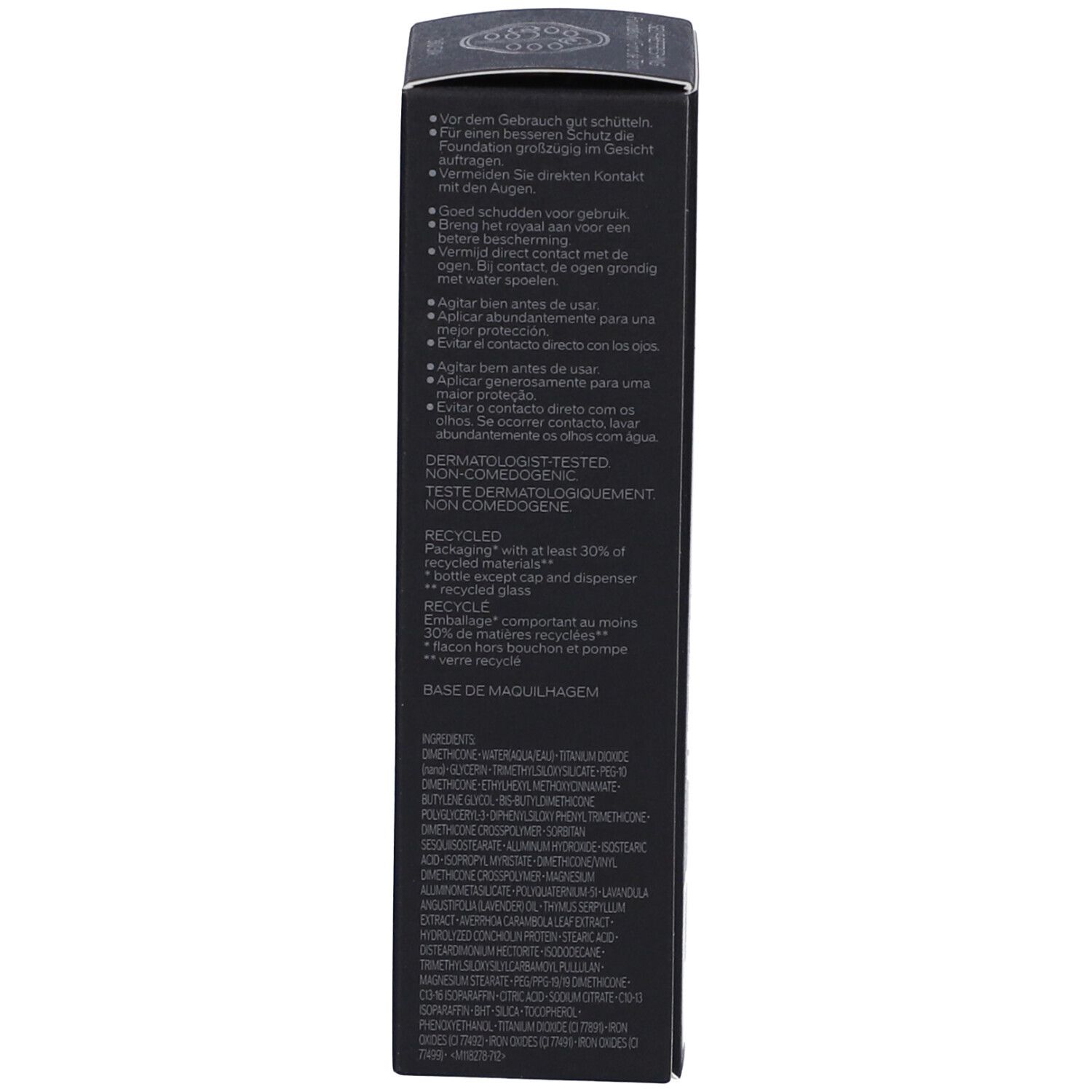 Côté de la boîte avec ingrédients. Texte multilingue. Fond noir. Testé dermatologiquement.