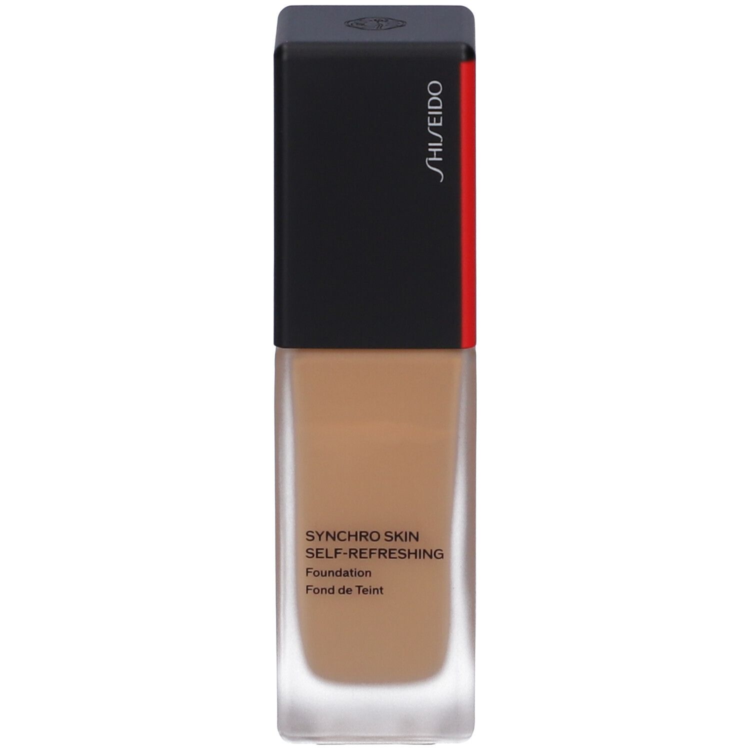 Fond de teint Shiseido Synchro Skin. Flacon rectangulaire en verre avec liquide brun et bouchon noir. Bande rouge.