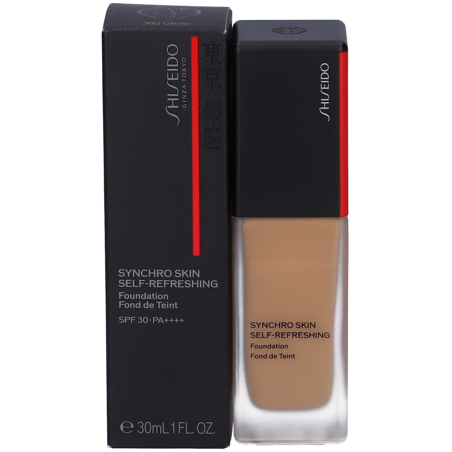 Shiseido Synchro Skin Foundation et emballage. Boîte noire avec nom du produit et SPF 30. Flacon à côté.