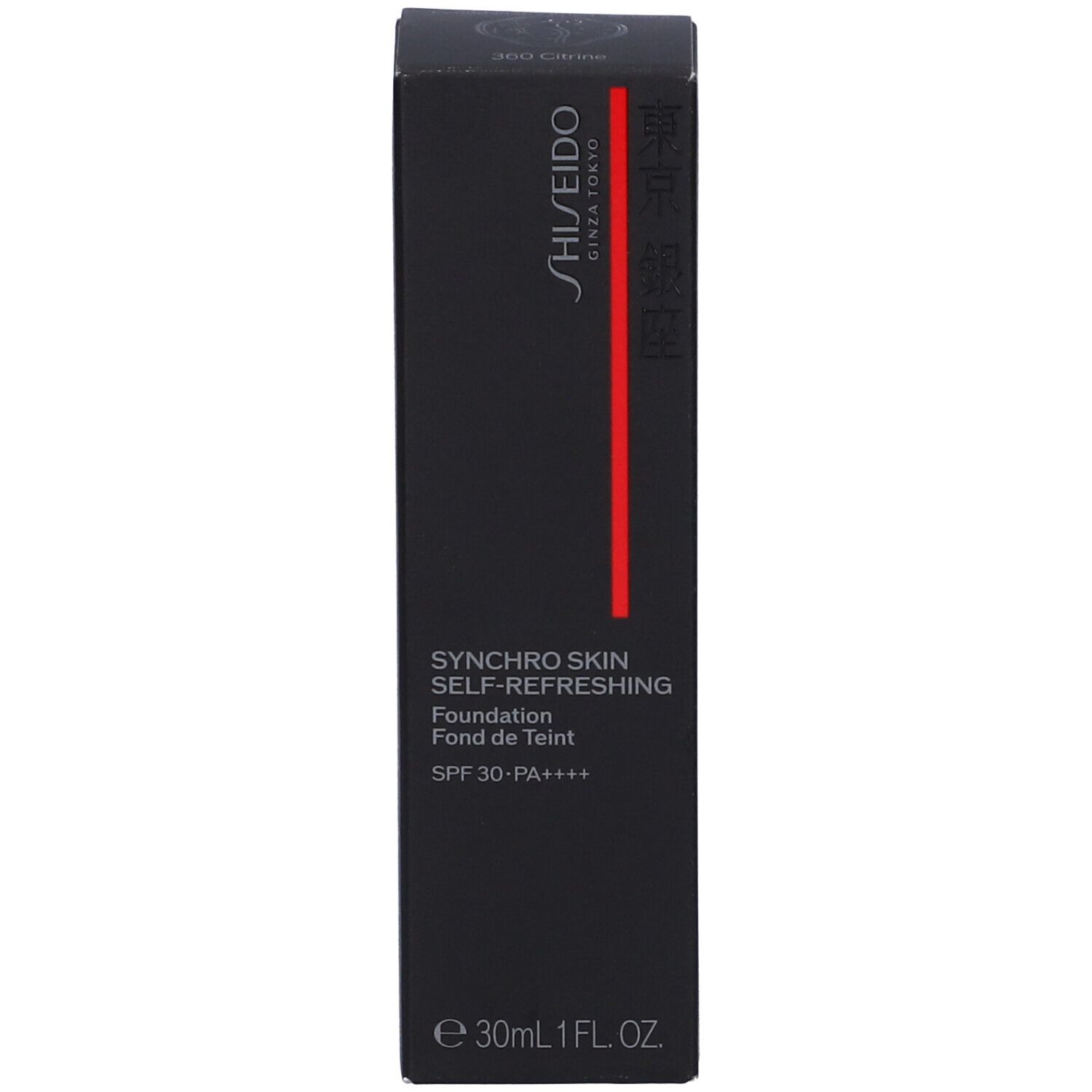 Boîte noire Shiseido Synchro Skin Foundation. Nom du produit, SPF 30 et volume. Bande rouge.
