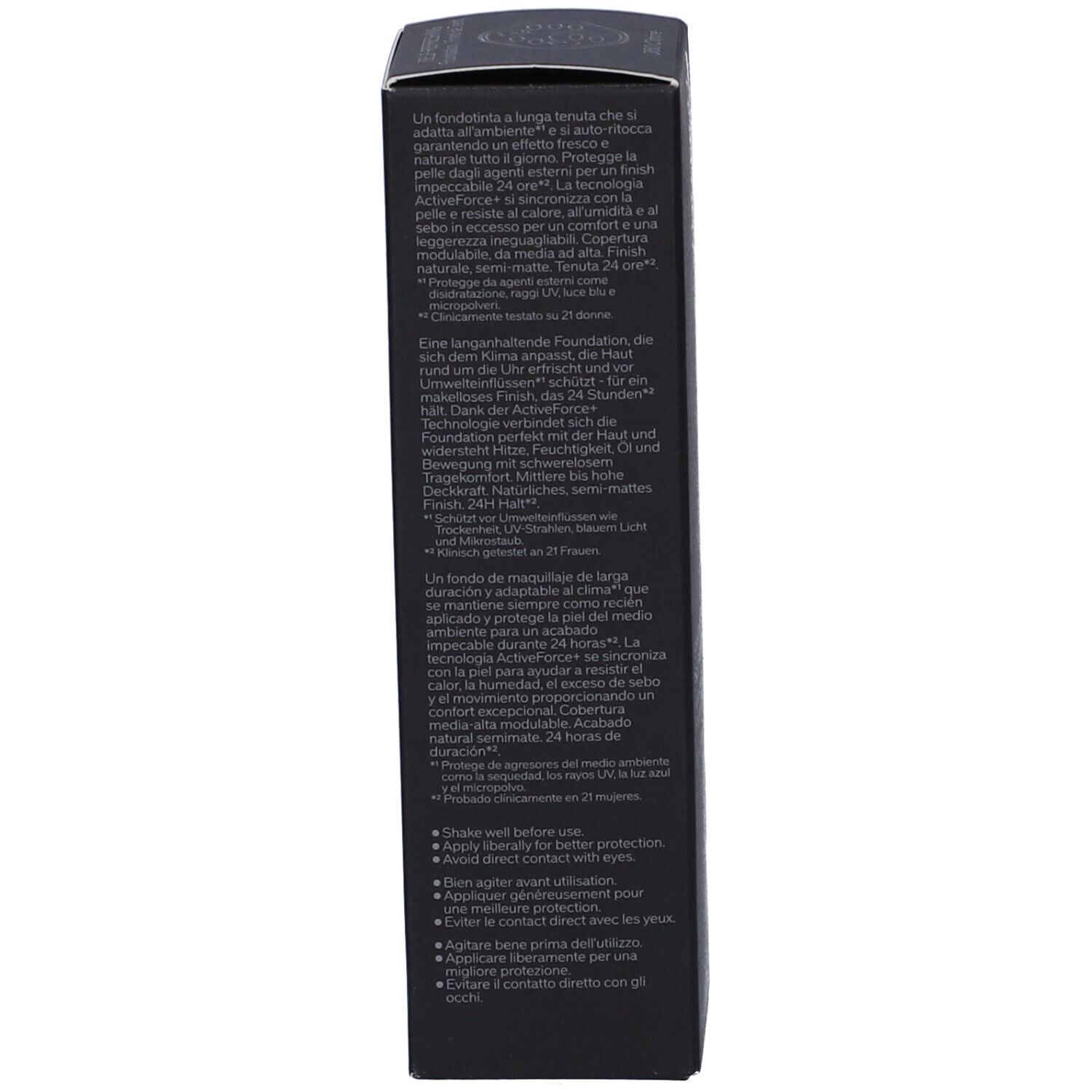 Dos de la boîte noire avec informations produit. Texte multilingue. Nom du produit et SPF 30.