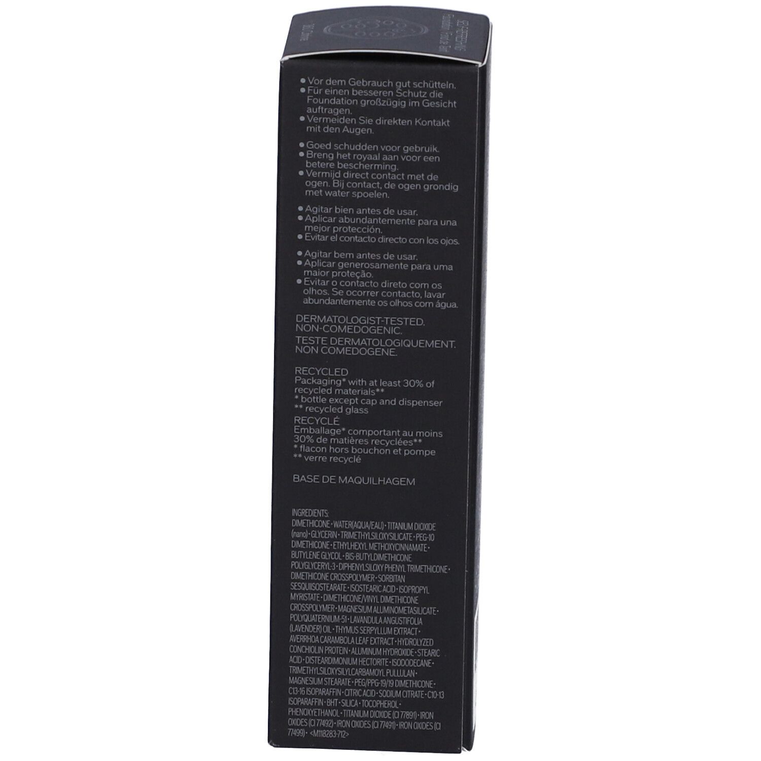 Dos de la boîte avec ingrédients et instructions. Texte multilingue. Testé dermatologiquement.