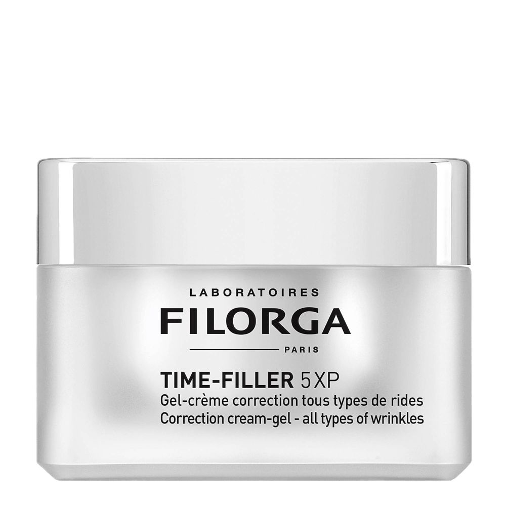 Pot de crème-gel. Pot blanc avec couvercle argenté. Texte noir : FILORGA, TIME-FILLER 5XP. Gel-crème anti-rides.