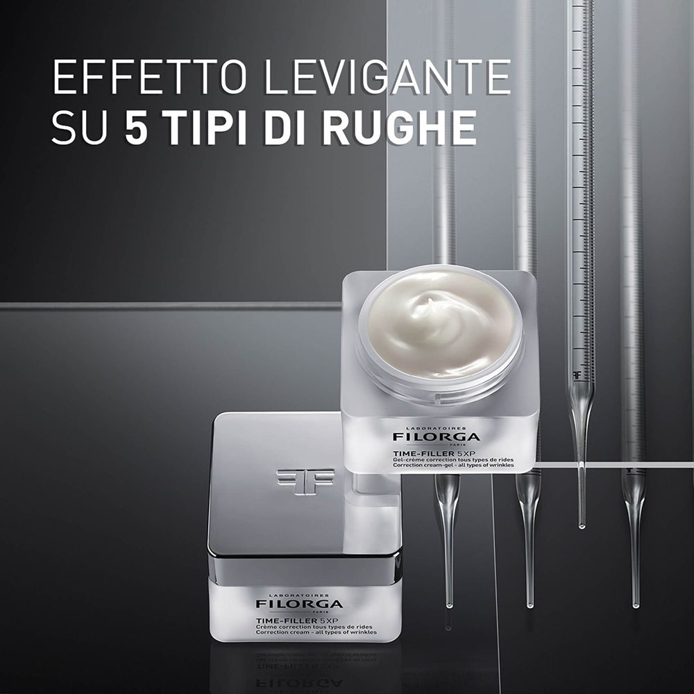 Deux pots TIME-FILLER 5XP. Texte : EFFETTO LEVIGANTE SU 5 TIPI DI RUGHE. Fond : cylindres gradués.