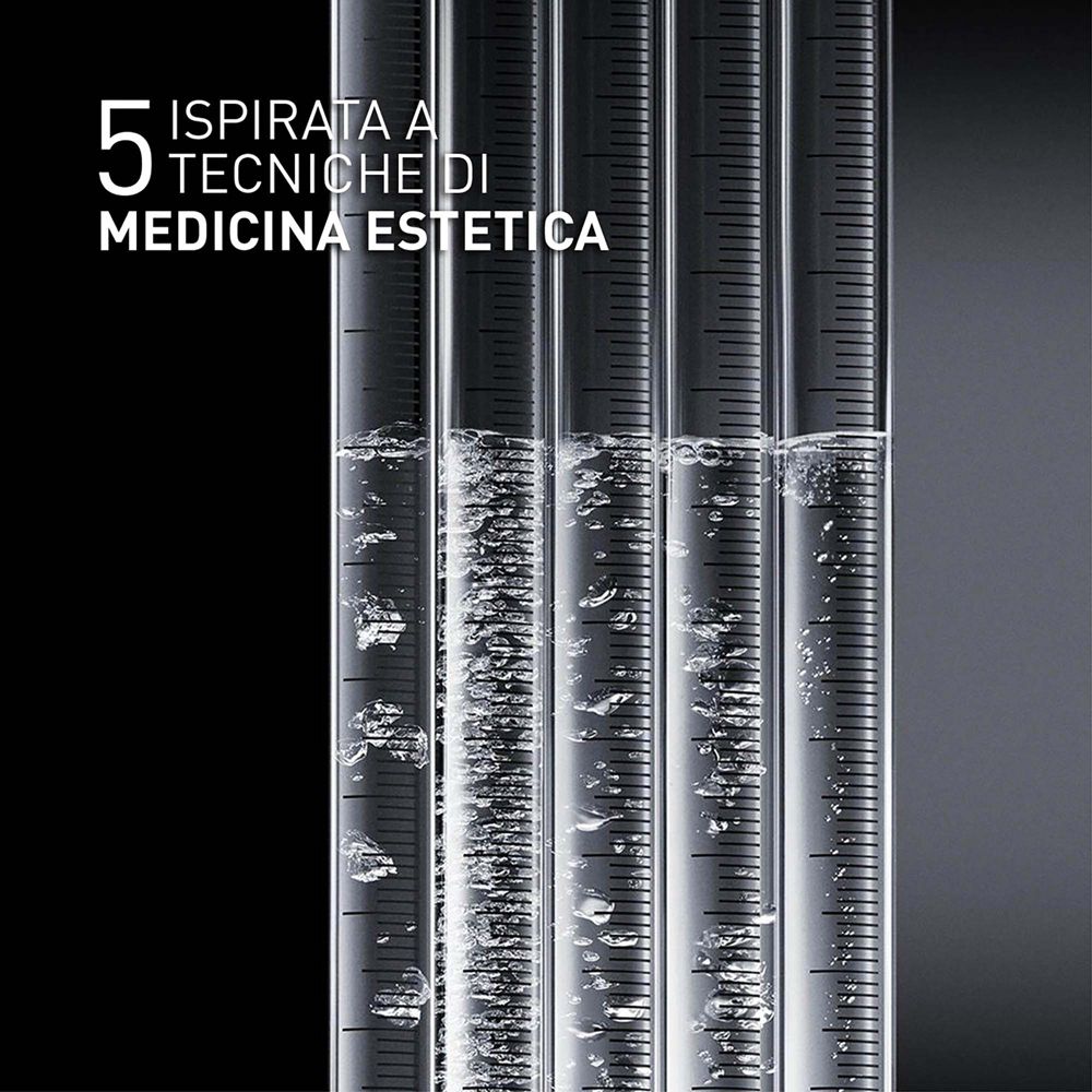 Produit dans une main. Texte : APPLICA SU VISO E COLLO. Pot de crème-gel. Texte noir : FILORGA, TIME-FILLER 5XP.