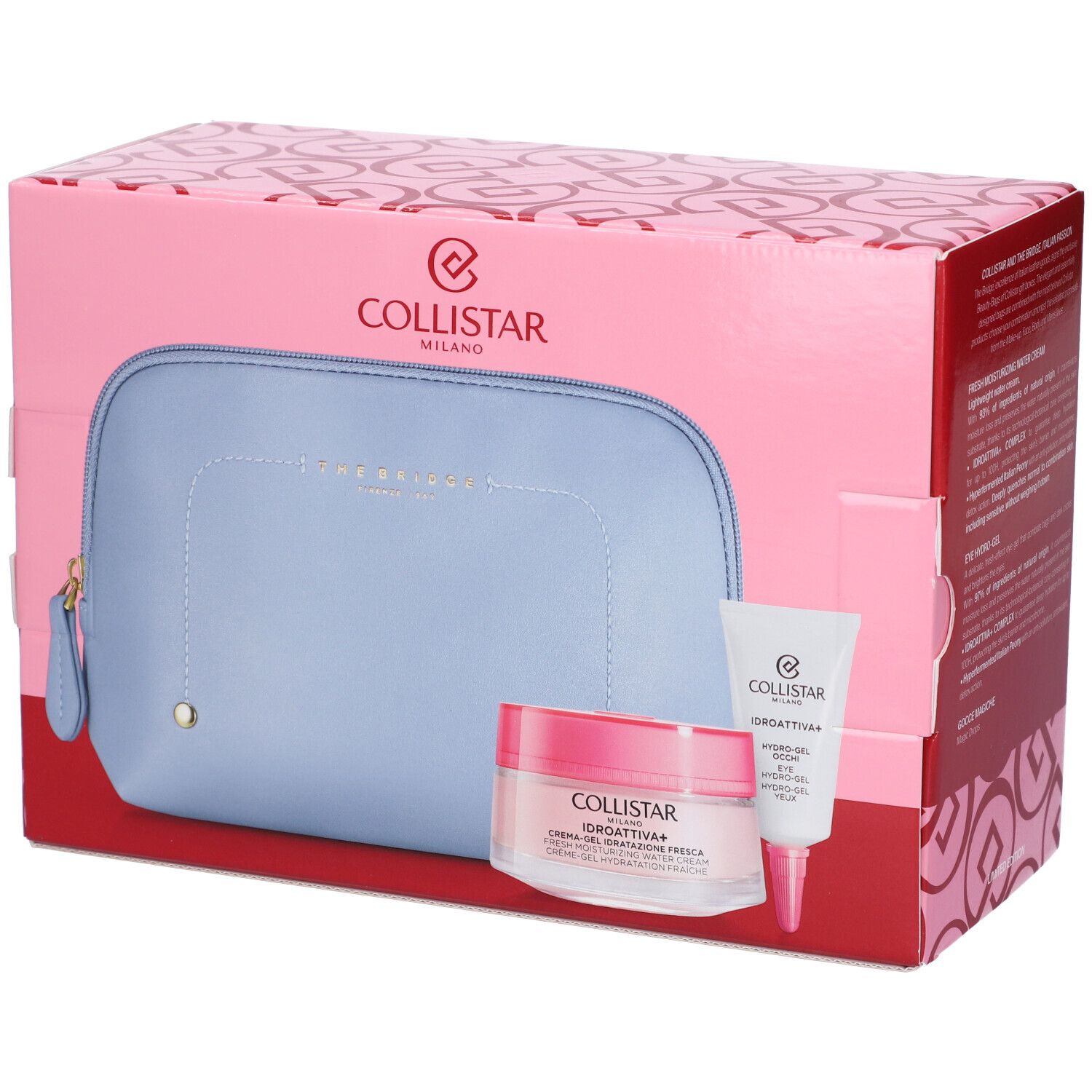 Coffret Collistar : trousse bleu clair, crème hydratante et gel contour des yeux.