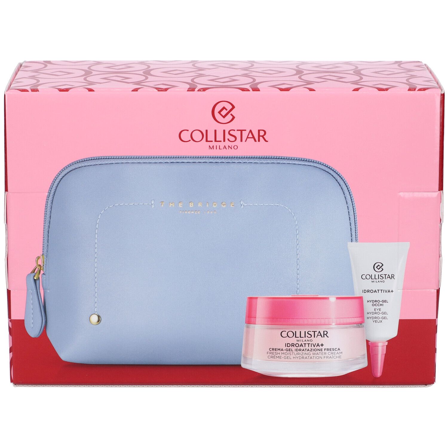 Coffret Collistar : trousse bleu clair, crème hydratante et gel contour des yeux.
