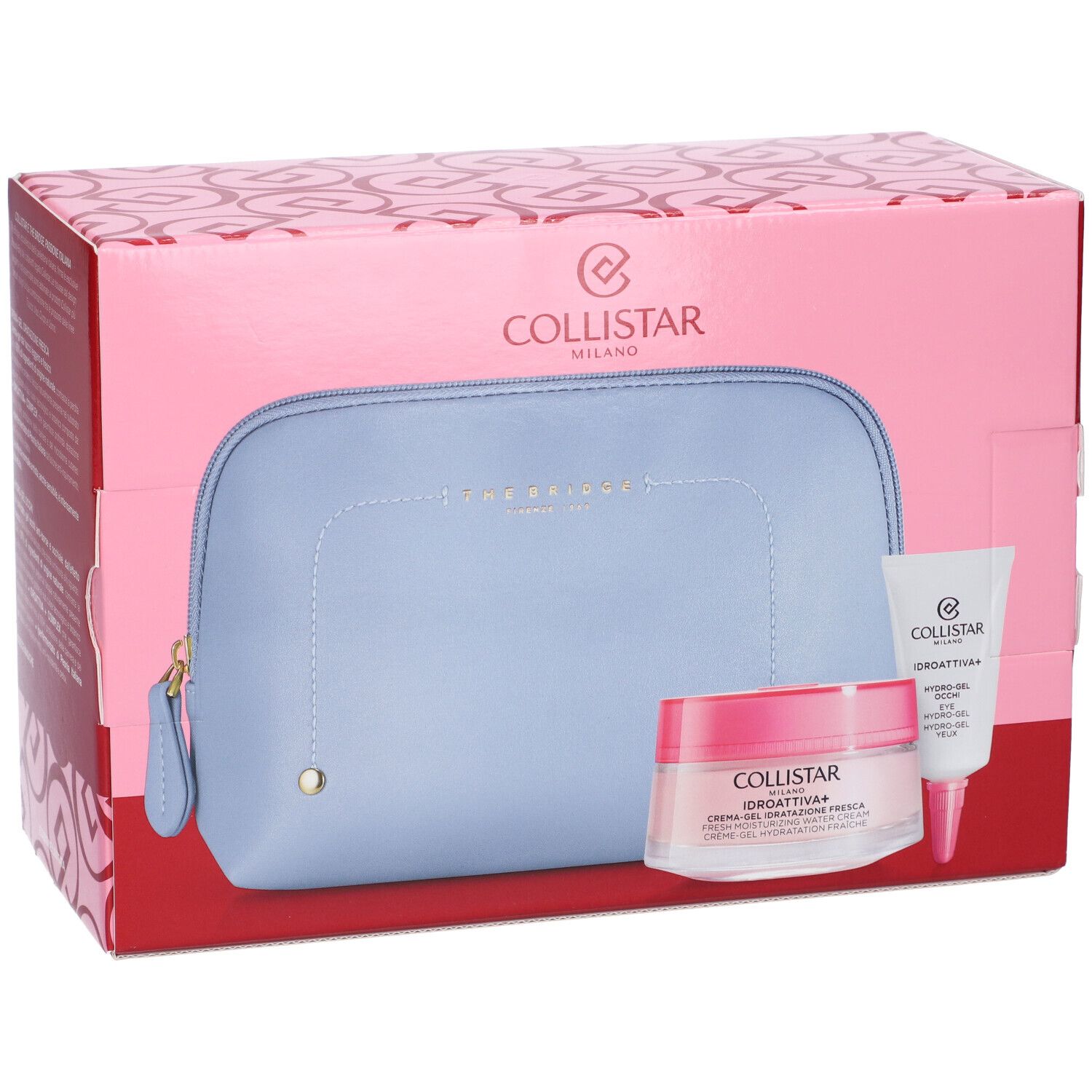 Coffret Collistar : trousse bleu clair, crème hydratante et gel contour des yeux.