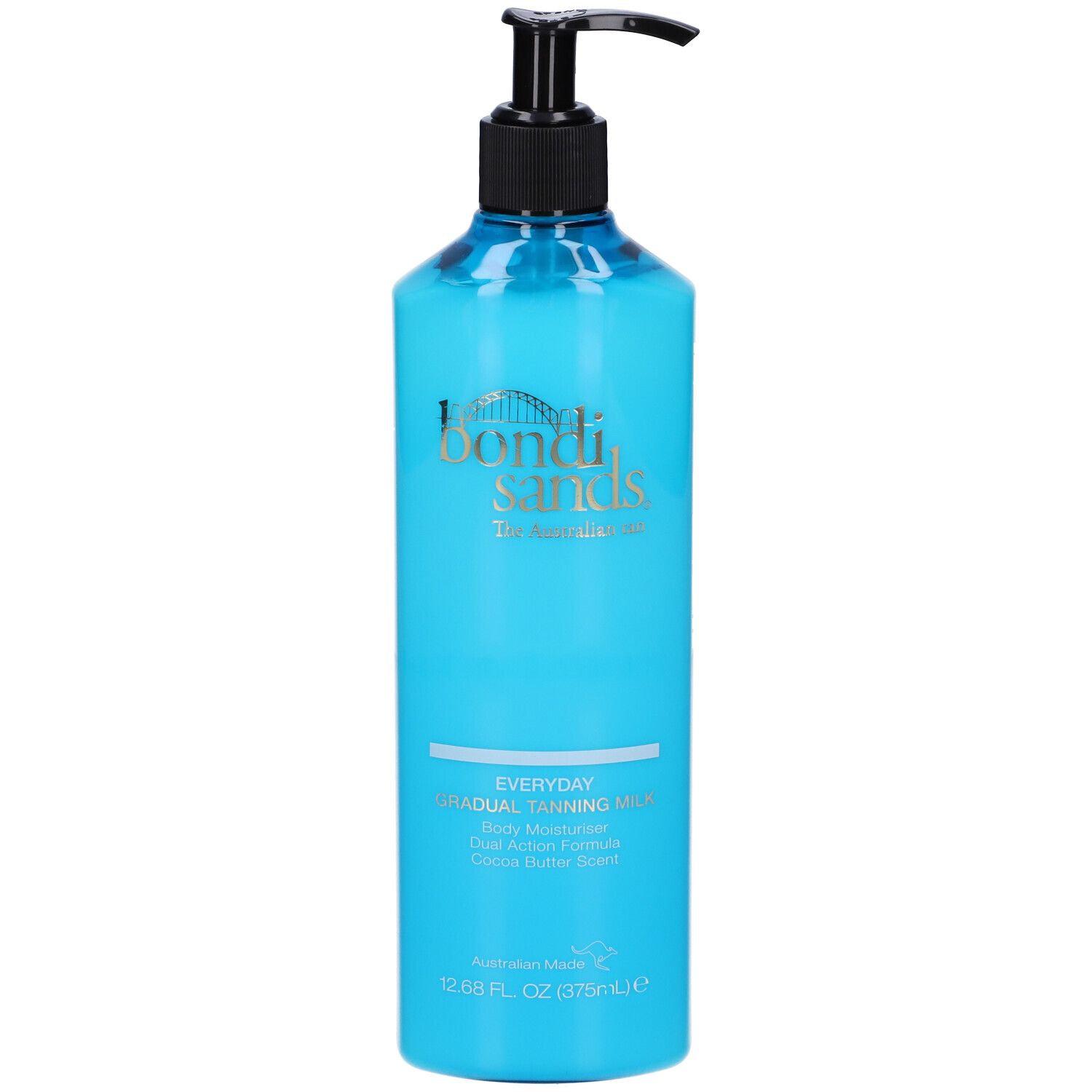 Bouteille turquoise avec pompe noire. Inscription : Bondi Sands, Everyday Gradual Tanning Milk. 375ml.