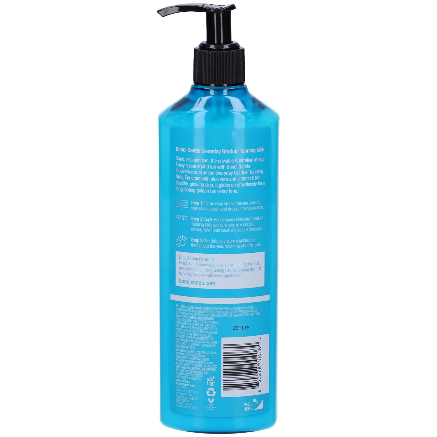 Dos d'une bouteille turquoise avec pompe noire. Texte et code-barres. Bondi Sands Everyday Gradual Tanning Milk.