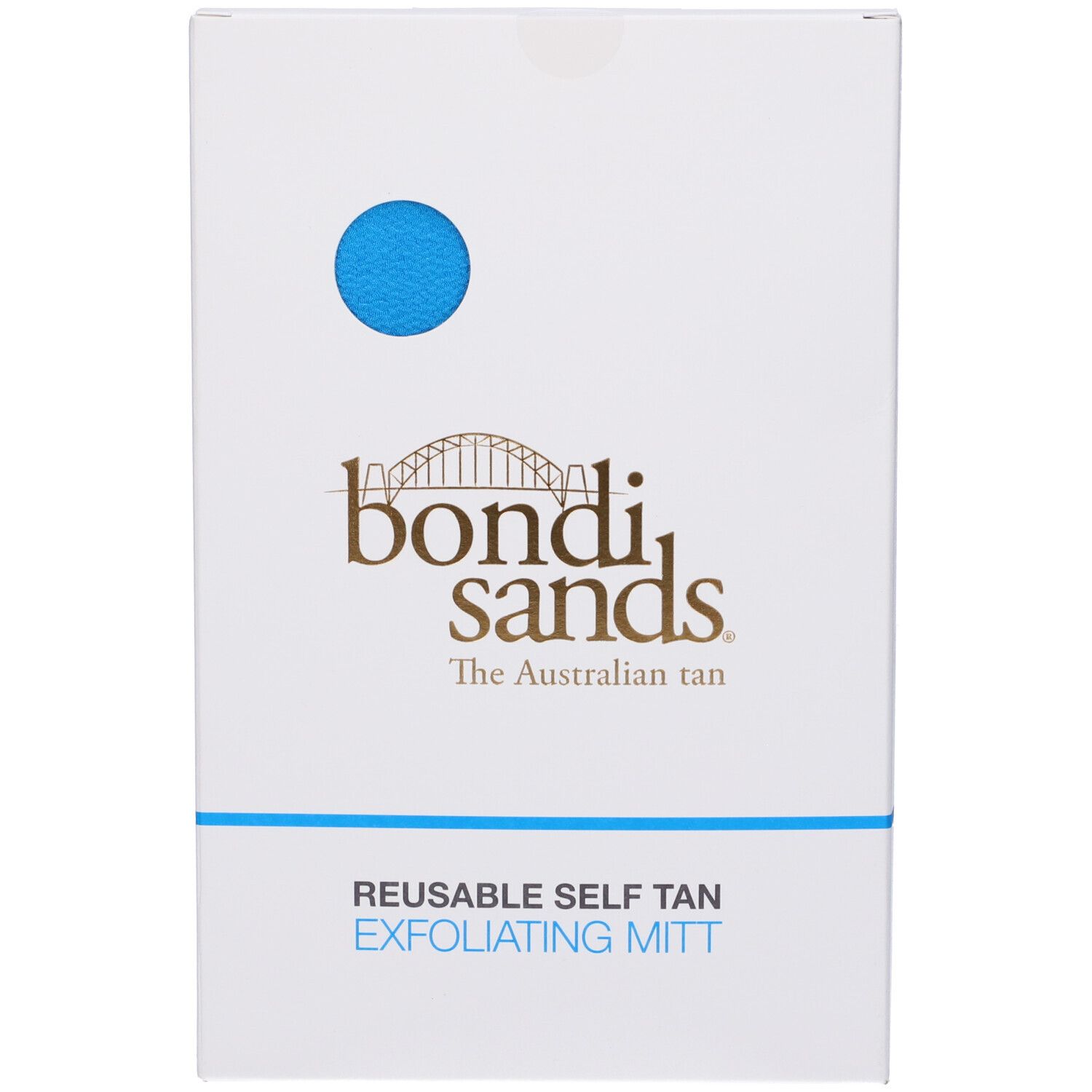 Emballage blanc avec cercle bleu et texte Bondi Sands. En dessous: "REUSABLE SELF TAN EXFOLIATING MITT".