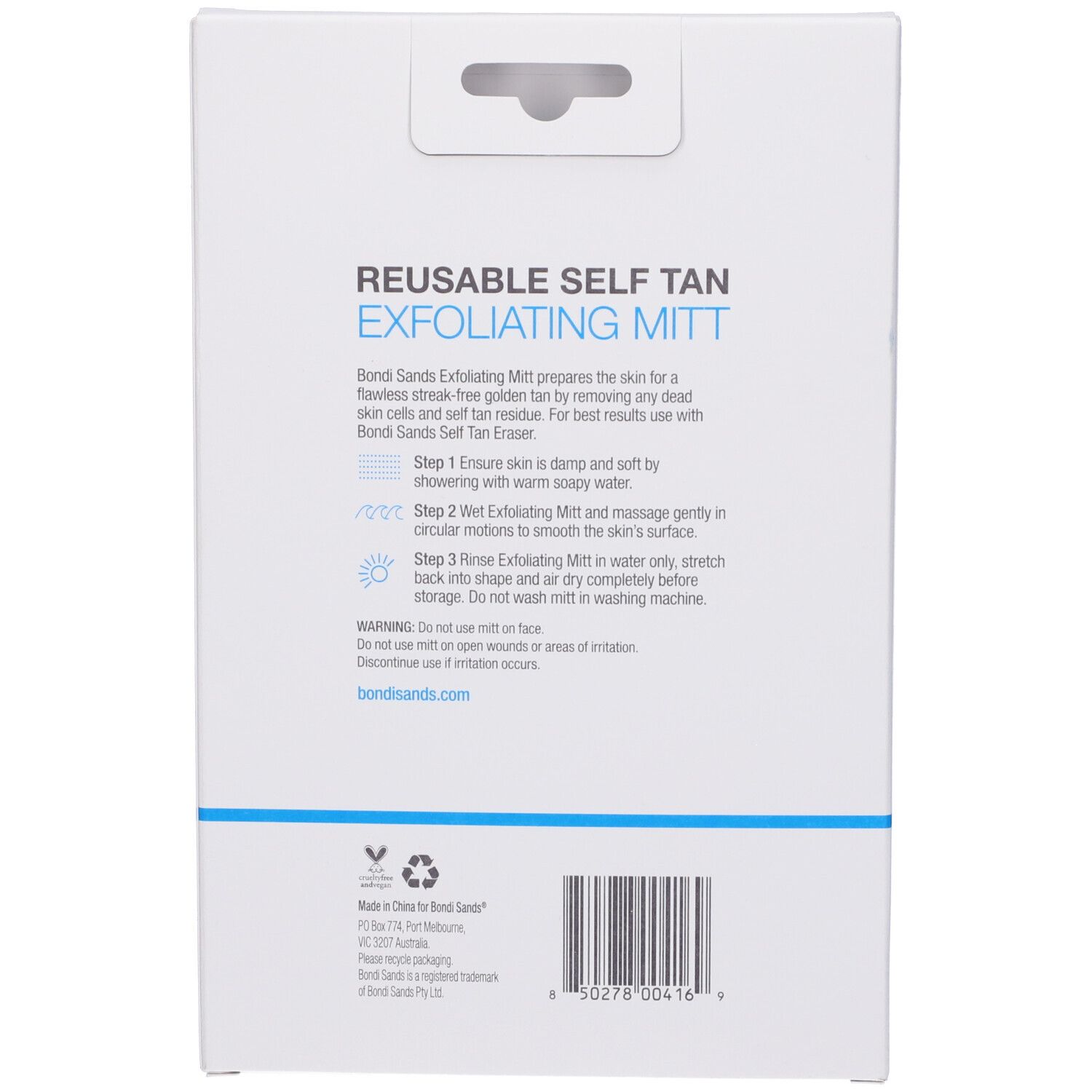 Dos de l'emballage avec texte: "REUSABLE SELF TAN EXFOLIATING MITT". Instructions et logos.