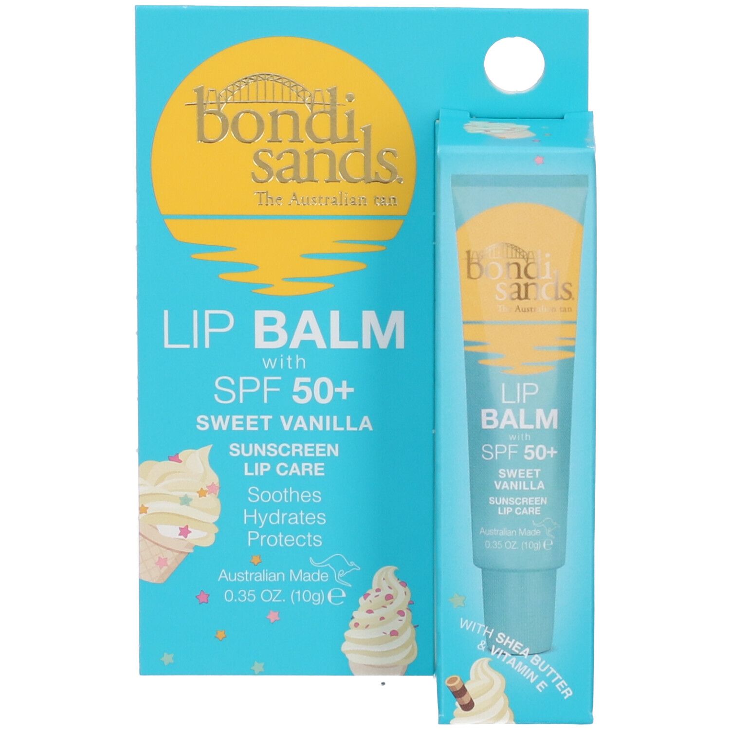 Emballage turquoise. Baume à lèvres Bondi Sands SPF 50+ Sweet Vanilla. Illustration de crème glacée. Texte: Protection solaire.