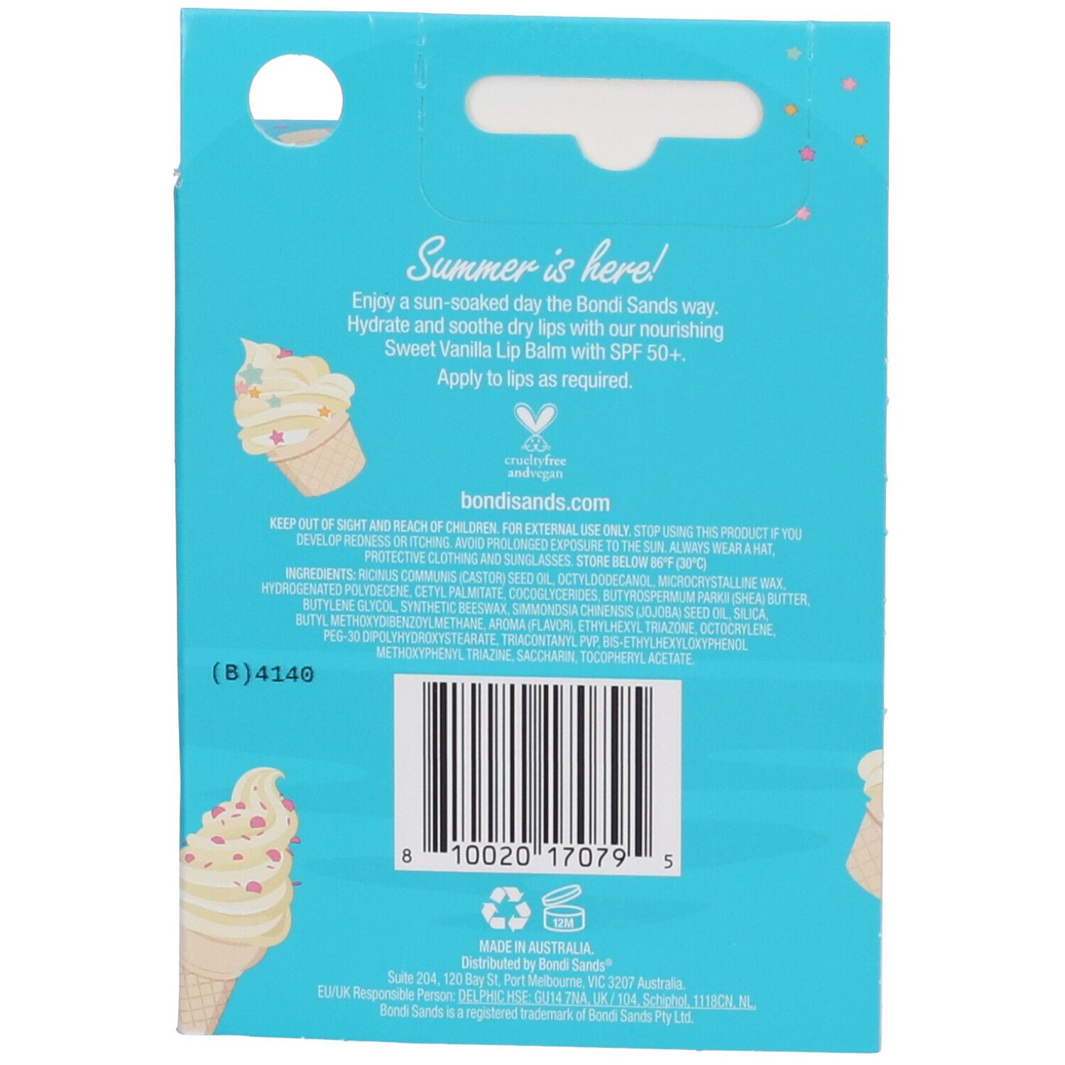 Dos de l'emballage. Texte: Summer is here! Ingrédients et informations du fabricant. Illustration: Crème glacée.