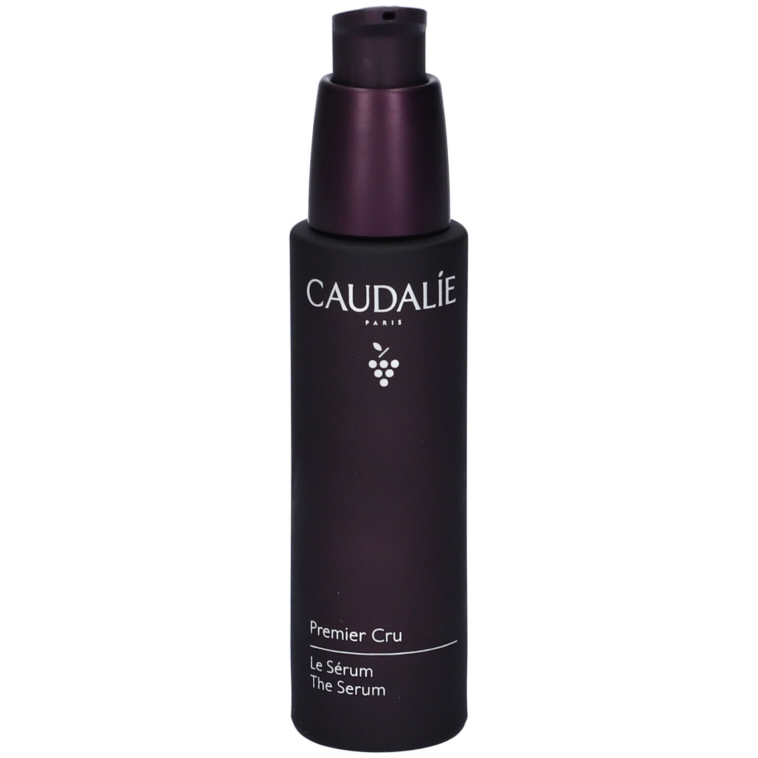Flacon violet foncé avec pompe. Logo Caudalie et nom du produit. Flacon de sérum.