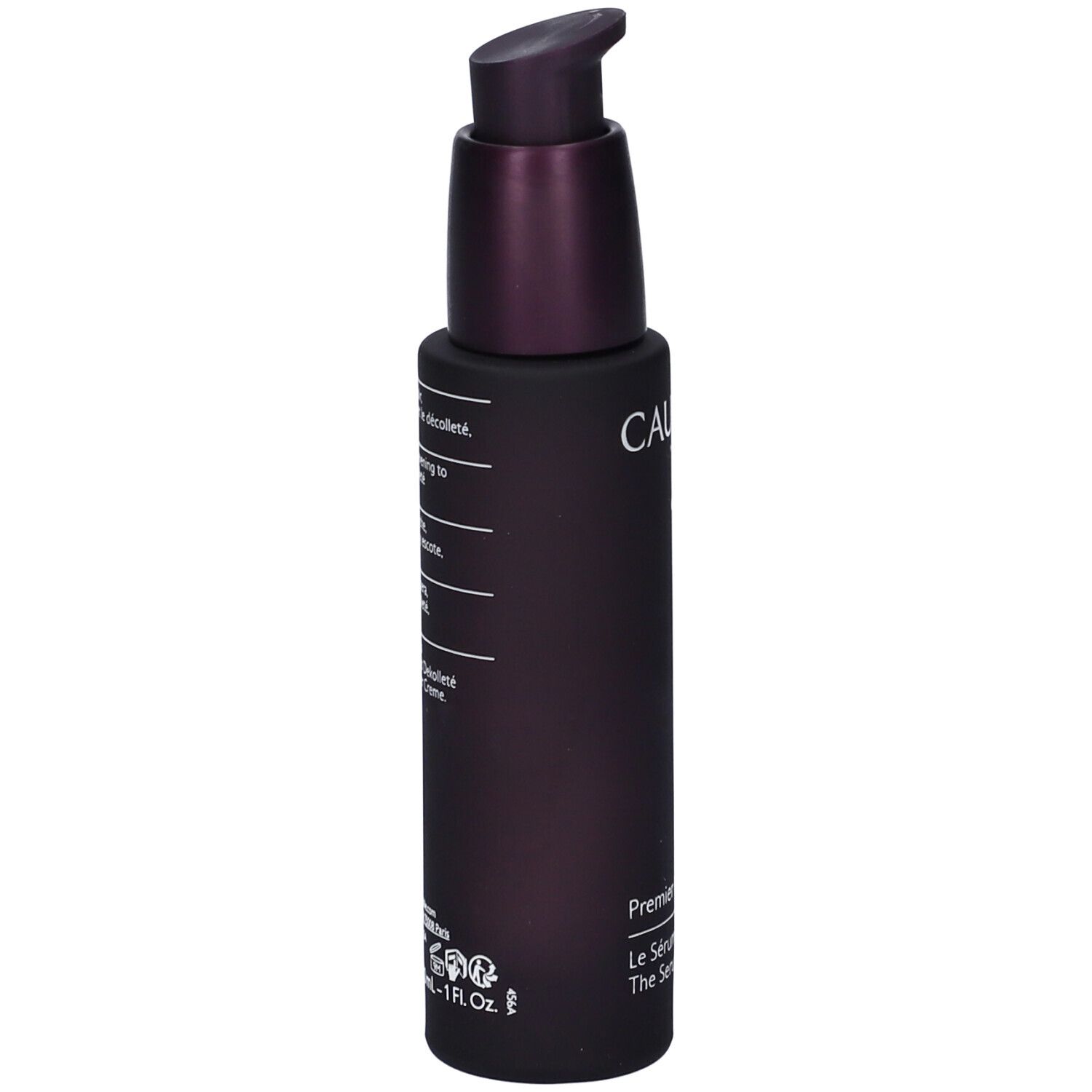 Flacon violet foncé avec pompe. Texte sur le flacon. Caudalie Premier Cru Le Sérum.