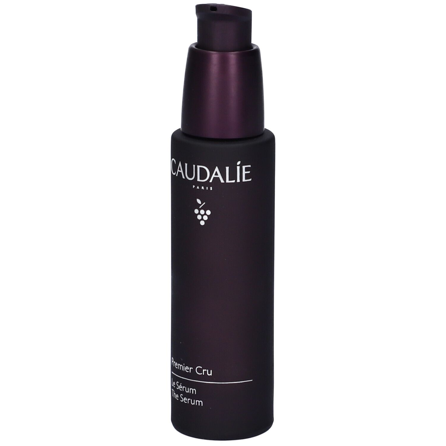 Flacon violet foncé avec pompe. Logo Caudalie et nom du produit. Flacon de sérum.