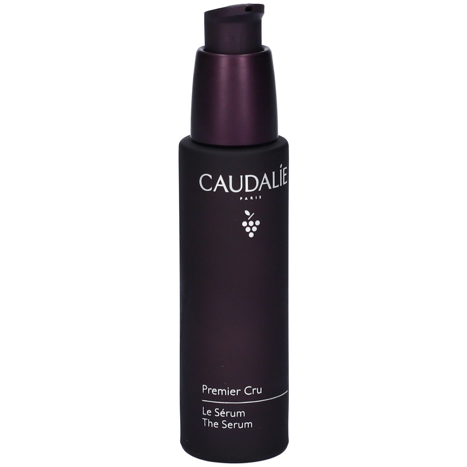 Flacon violet foncé avec pompe. Logo Caudalie et nom du produit. Flacon de sérum.