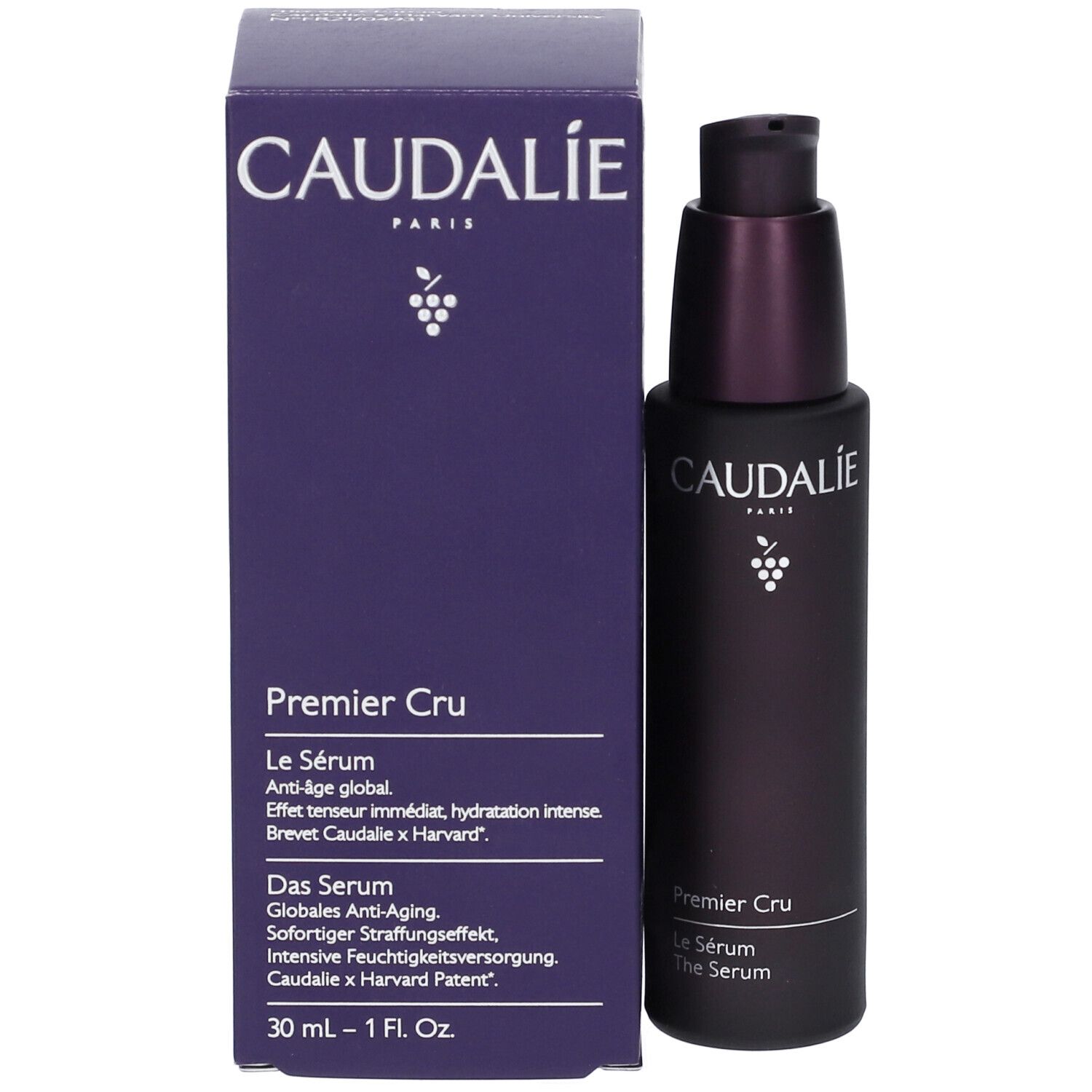Flacon et boîte du produit. Caudalie Premier Cru Le Sérum. Boîte avec informations.