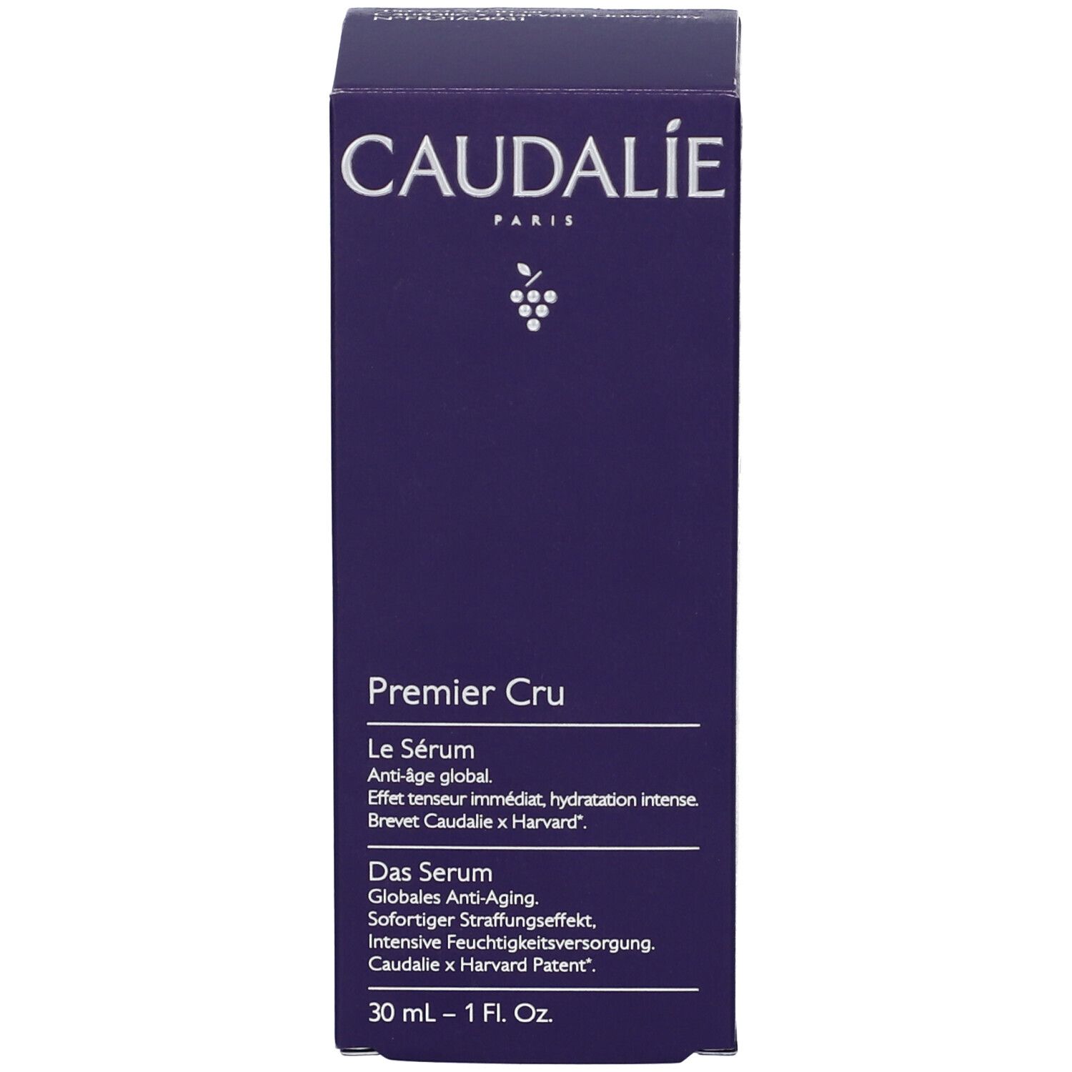 Emballage du produit. Caudalie Premier Cru Le Sérum. Texte sur l'emballage.