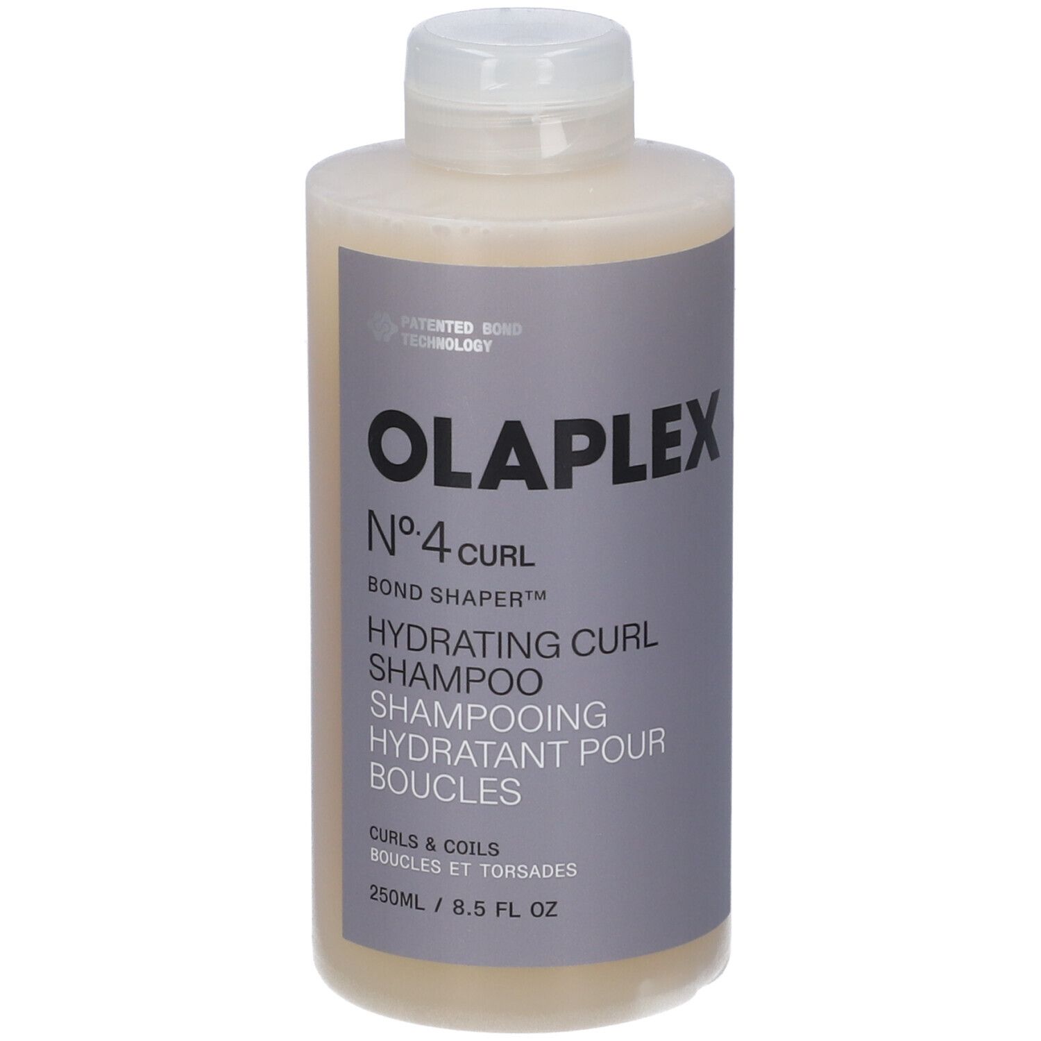 Shampoing hydratant Olaplex No. 4 Curl Bond Shaper dans une bouteille de 250 ml.
