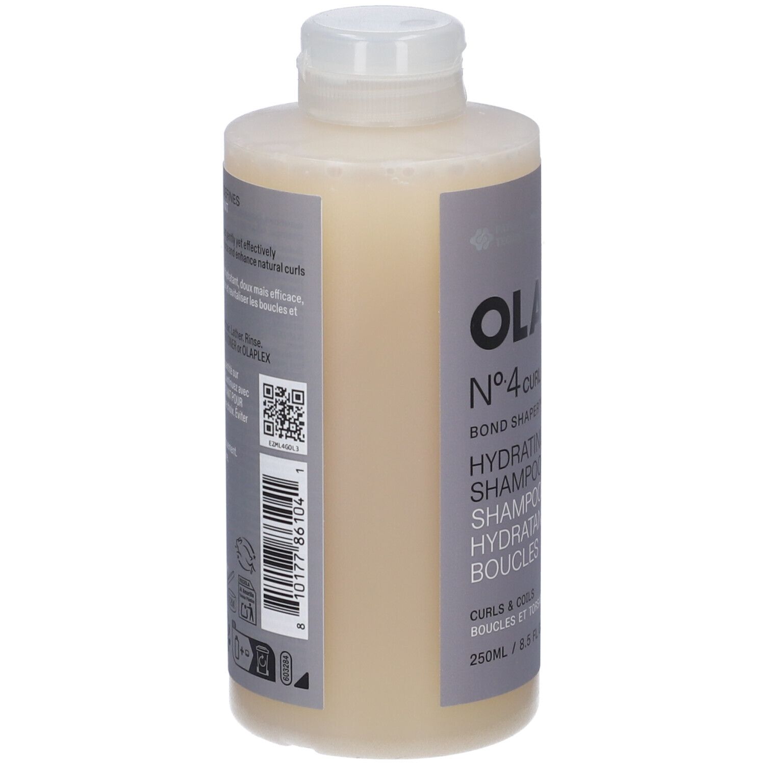Bouteille de shampoing Olaplex N°4C Bond Maintenance, 250ml, liquide jaune pâle.