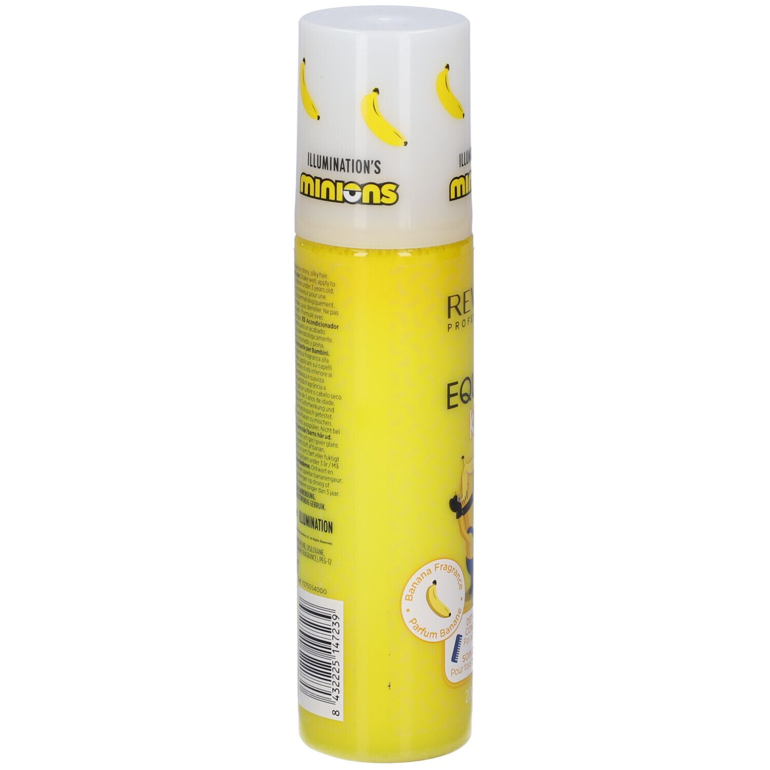 Bouteille jaune avec motif Minions et bananes. Contient du texte et un code-barres.