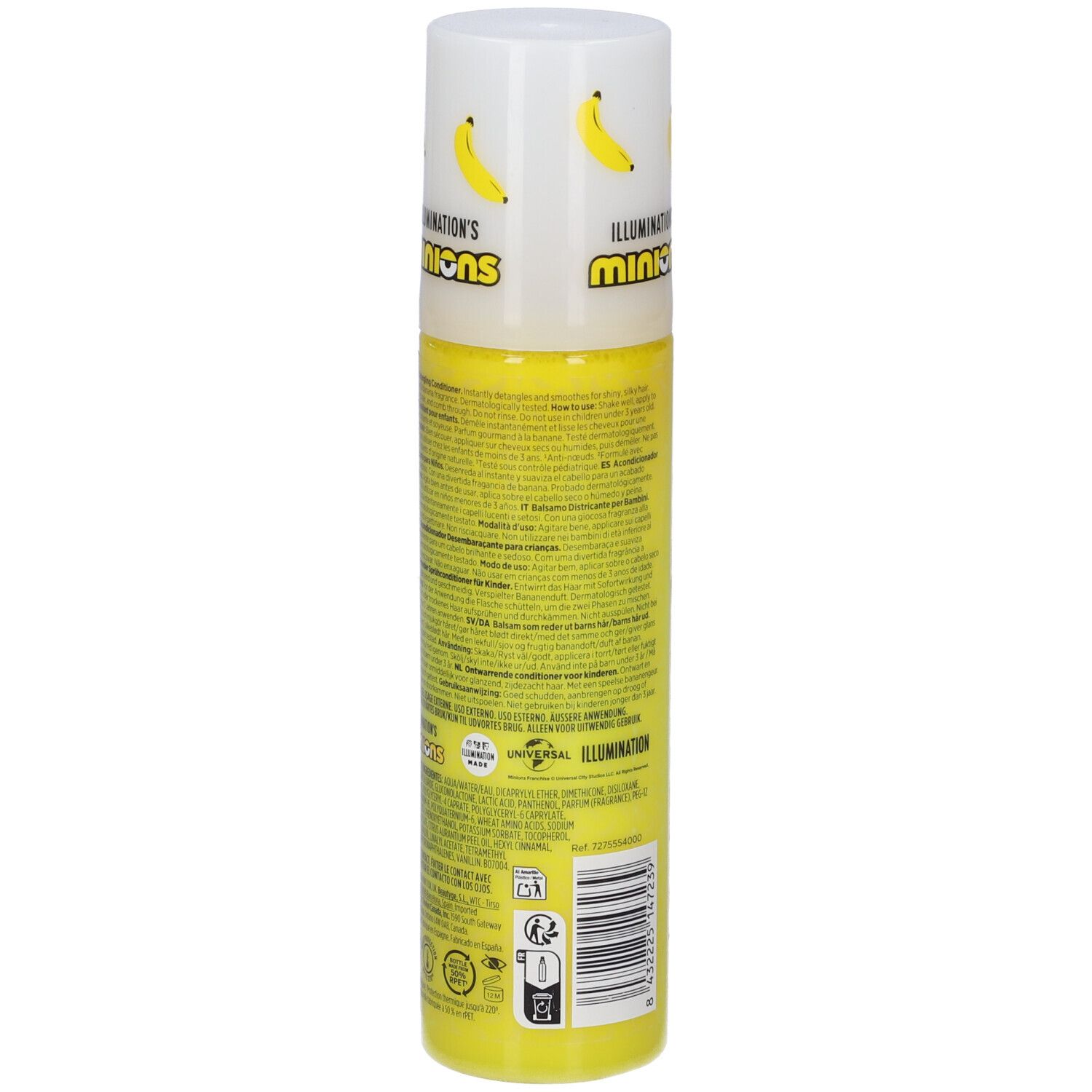 Flacon spray jaune avec motif Minions et illustrations de bananes. Contient du texte et un code-barres.