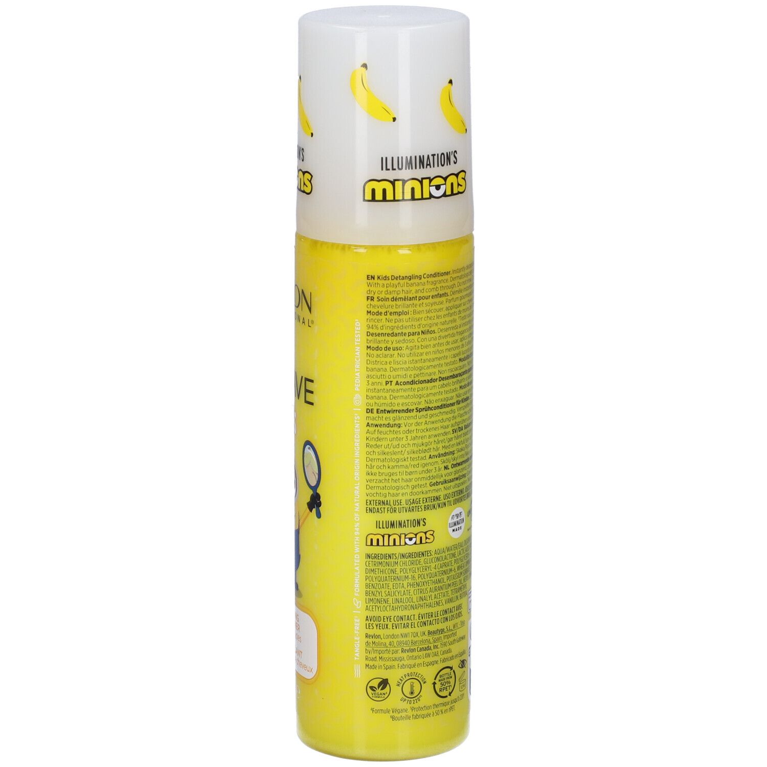 Bouteille jaune avec motif Minions et impression de banane. Contient des informations textuelles et des sceaux.