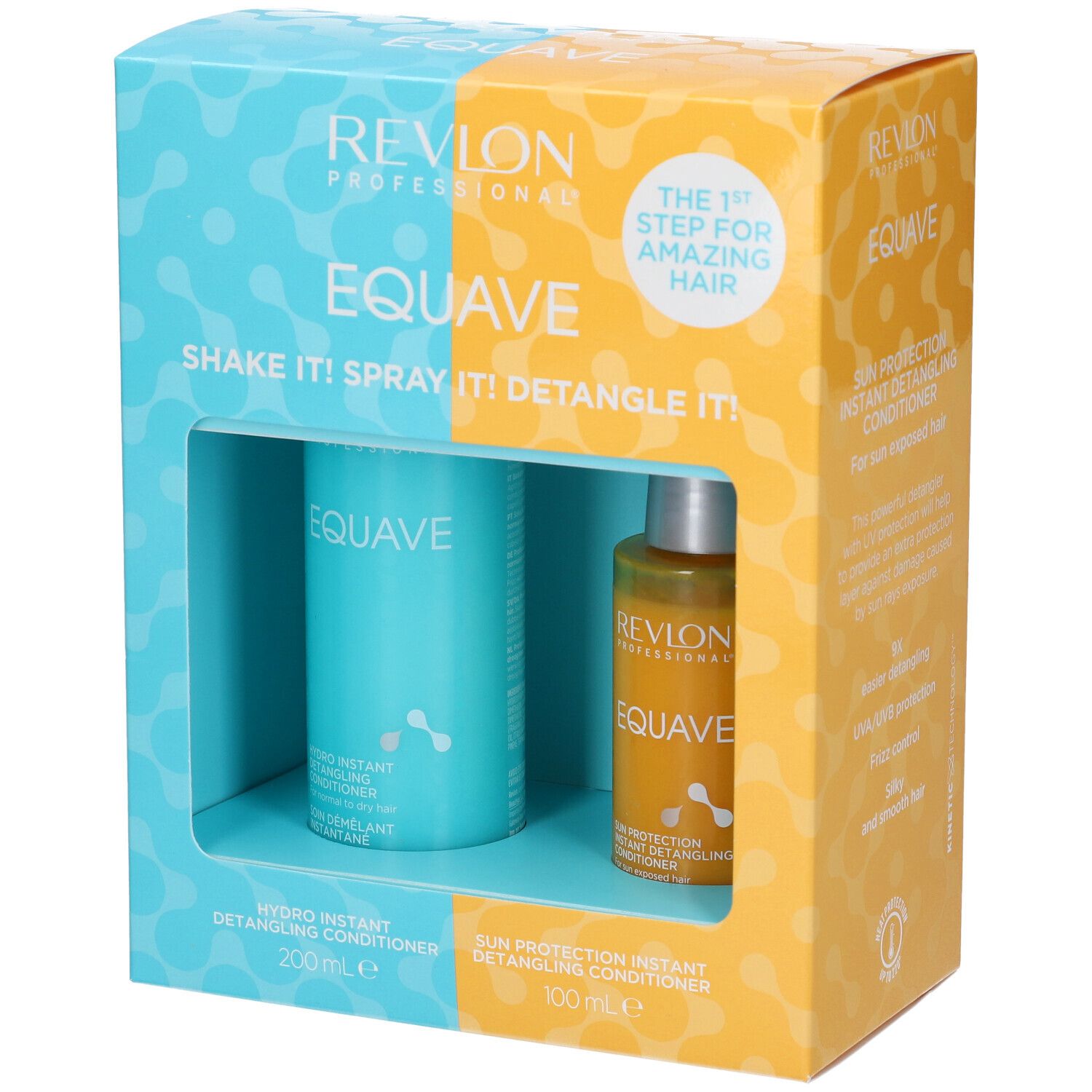 Coffret cadeau Revlon Equave avec Hydro Instant Detangling Conditioner (200ml) et Sun Protection Instant Detangling Conditioner (100ml).