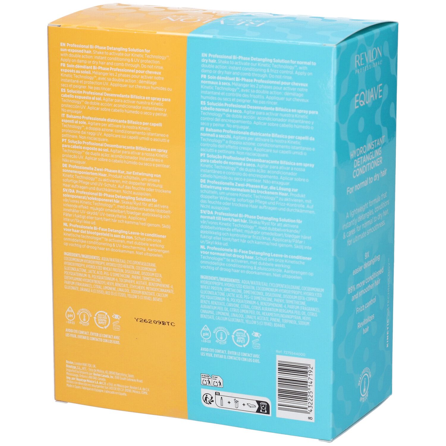 Boîtes REVLON EQUAVE Hydro-Nutritive Detangling Conditioner, jaune et bleu, avec texte.