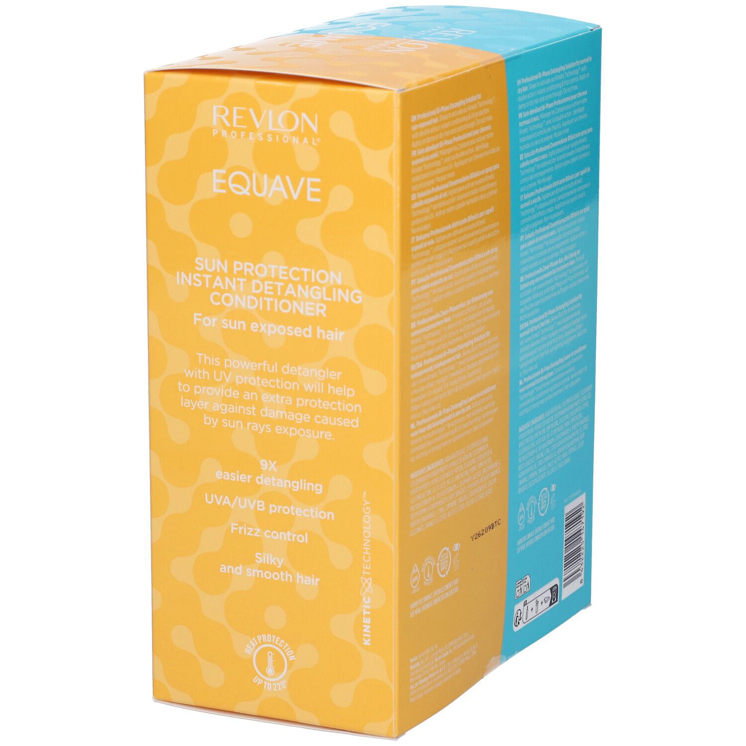 Boîte de Revlon Equave Sun Protection Instant Detangling Conditioner. Emballage jaune et bleu avec informations produit.