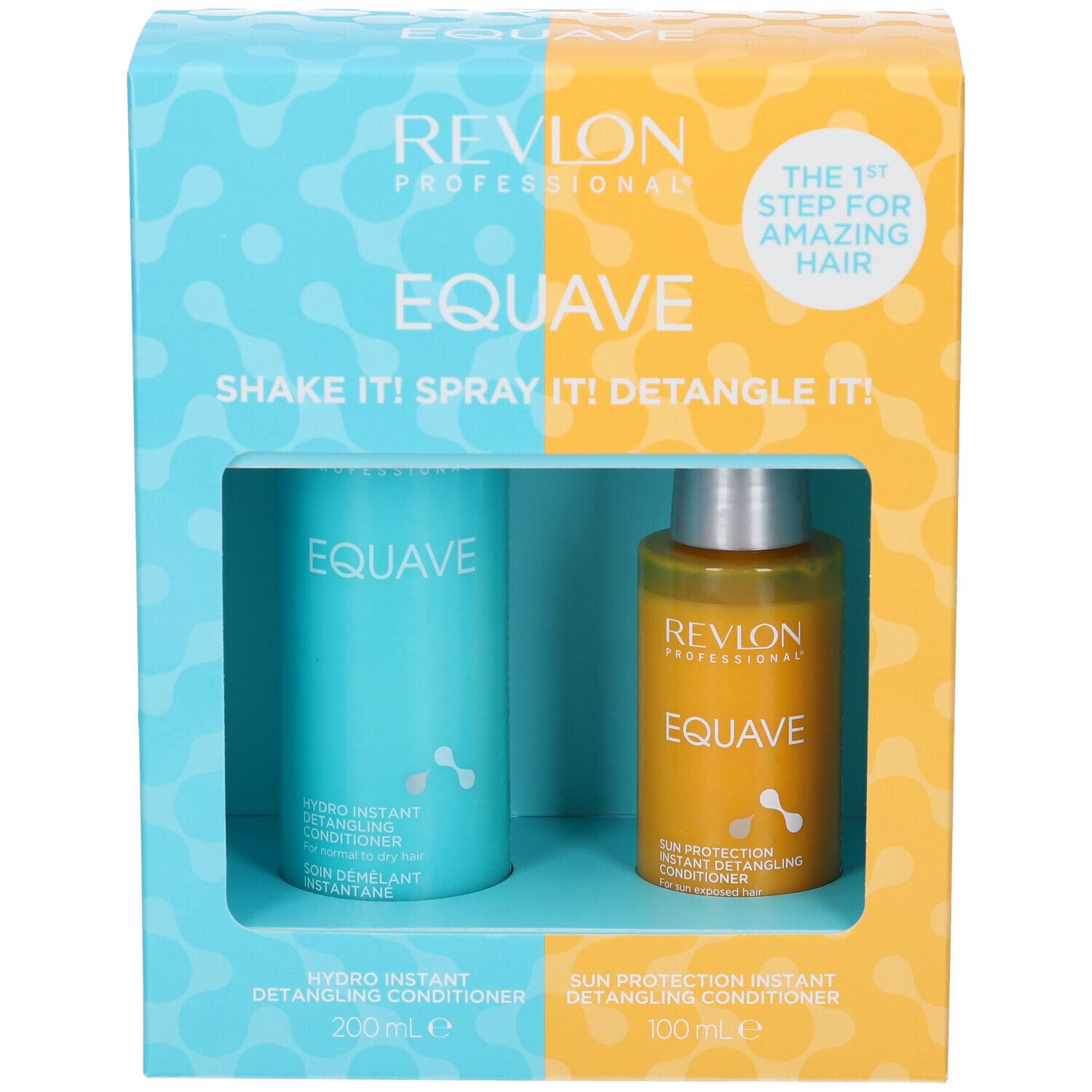 Coffret cadeau Revlon Equave avec deux flacons pulvérisateurs : Hydro Instant Detangling Conditioner (200ml) et Sun Protection Instant Detangling Conditioner (100ml).