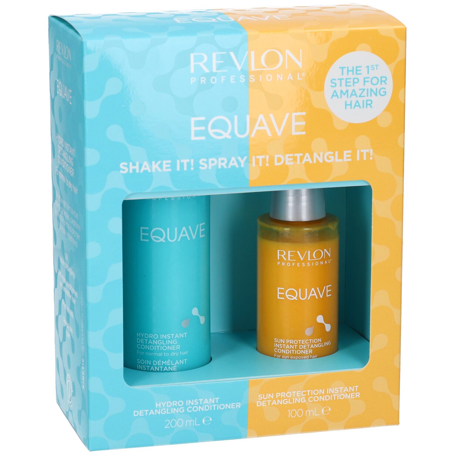 Coffret cadeau Revlon Equave avec Hydro Instant Detangling Conditioner (200ml) et Sun Protection Detangling Conditioner (100ml).
