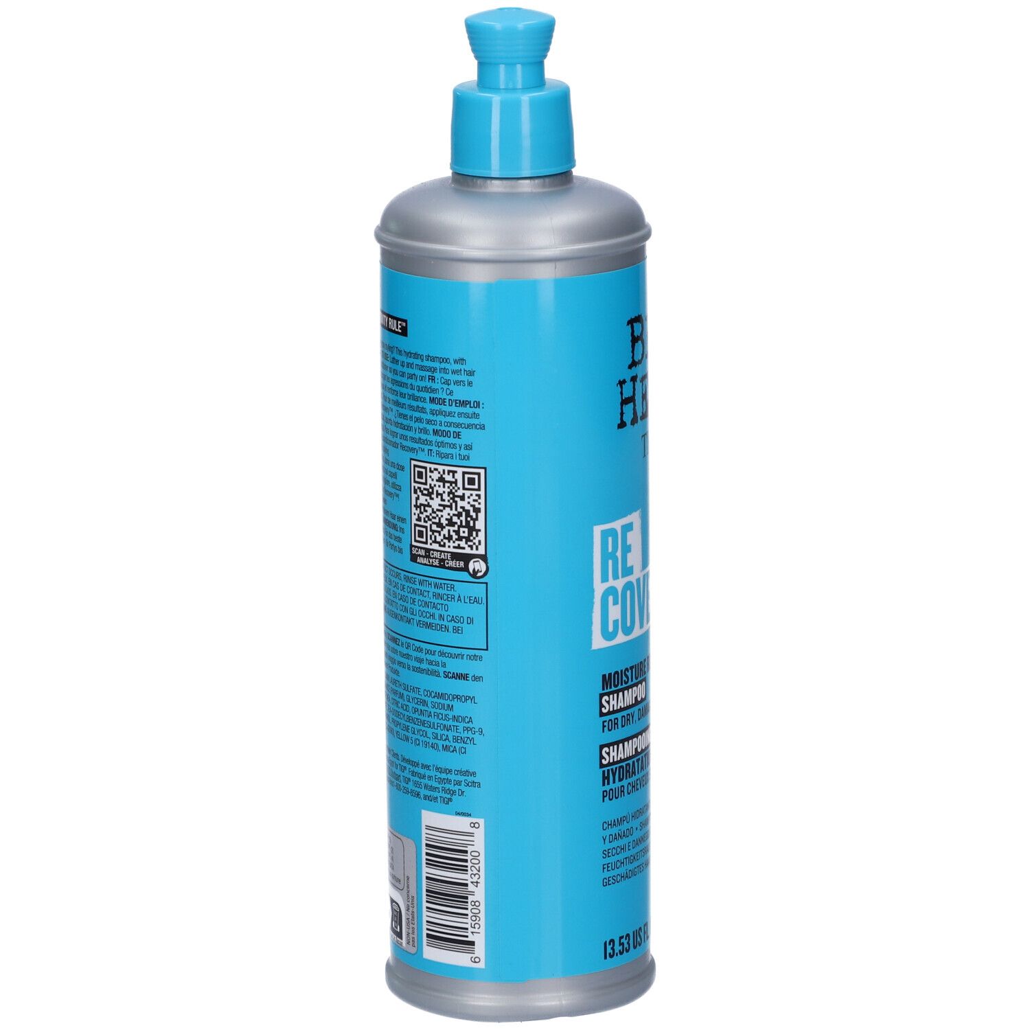 Bouteille bleue avec distributeur à pompe, 13.5 fl oz. Contient du texte et un code QR sur l'étiquette.