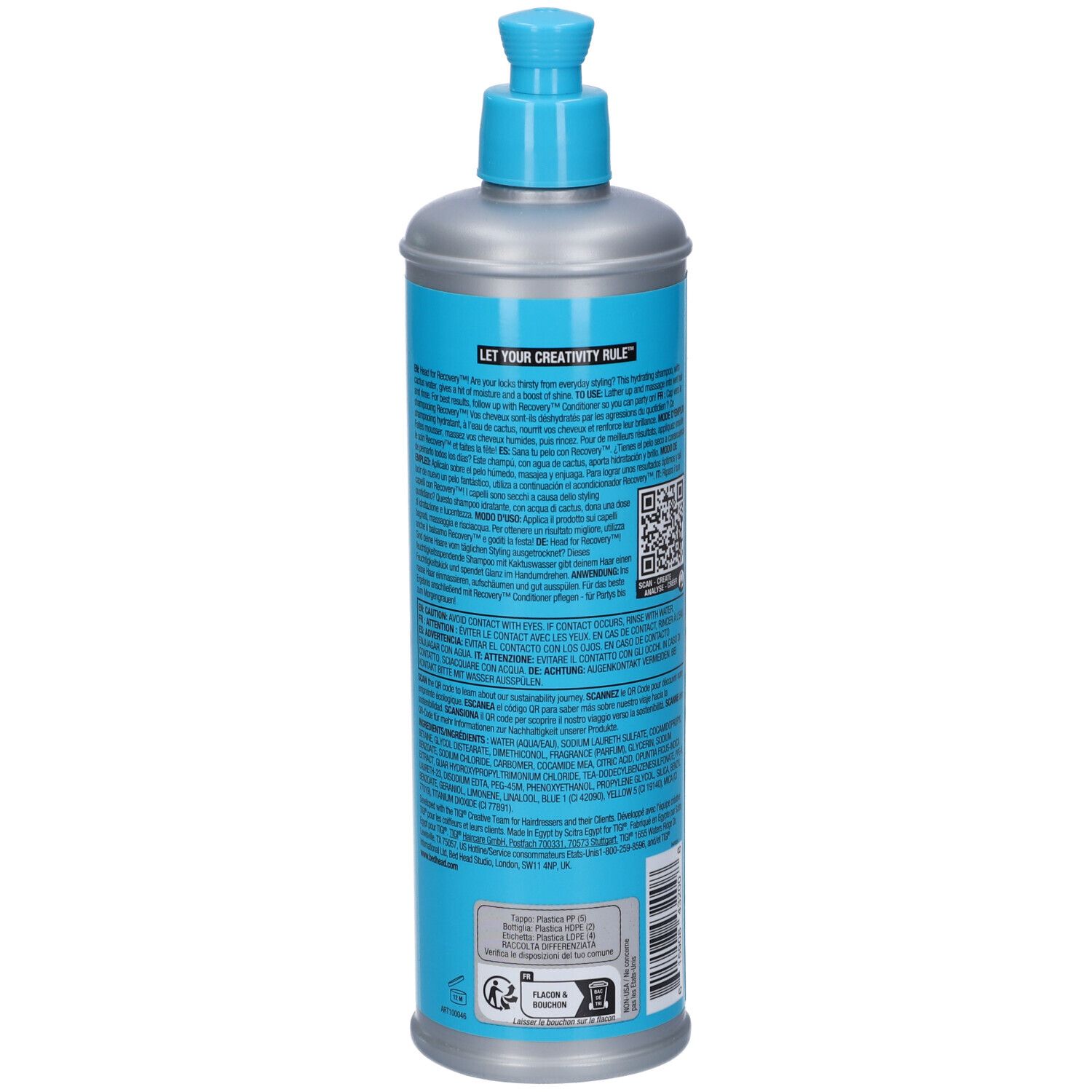 Bouteille à étiquette bleue et col argenté, pompe bleue.