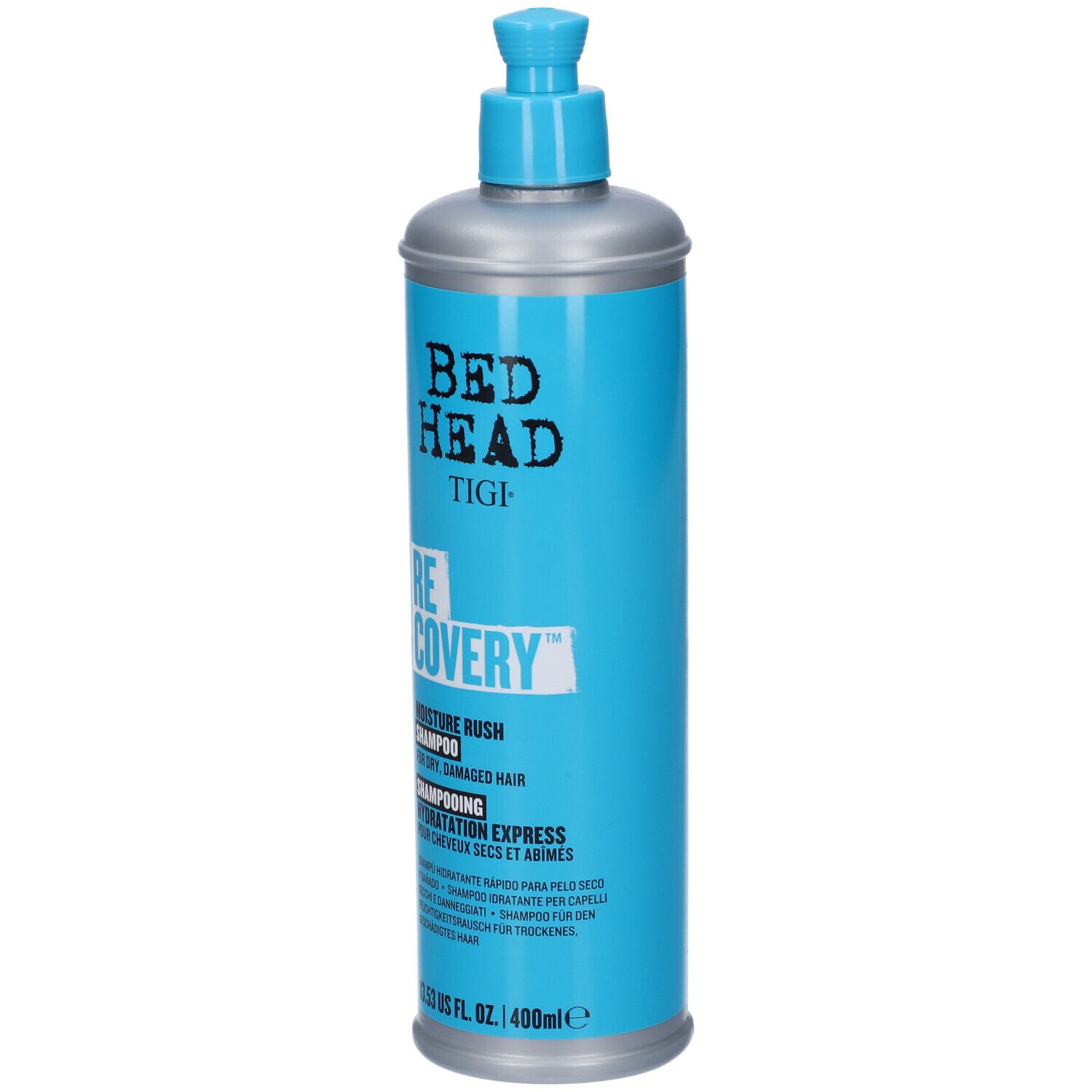 Bouteille de shampooing Bed Head Tigi Moisture Rush avec étiquette bleue.